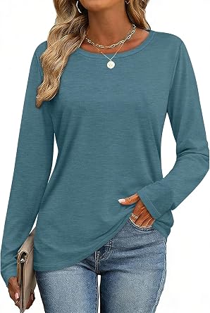 Women Long Sleeve Shirts Casual Dressy Soft Basic Tee Loose Fit Tunic Tops