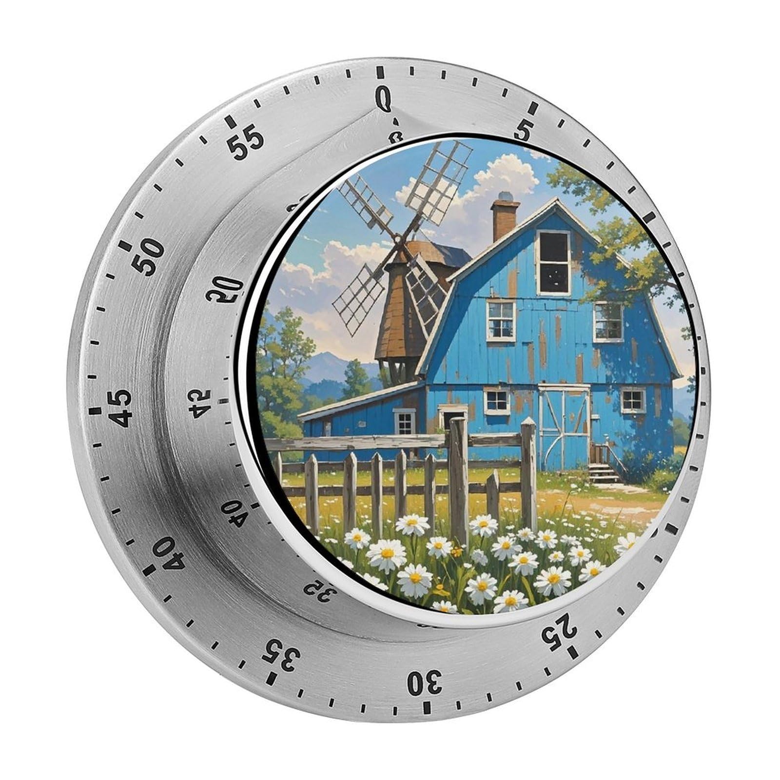 Rural Blue Valley Warehouse Timer with Loud Alarm Precision 60 Minute Wind Up Timer Portable Manual Countdown Timers Exquisite Stainless Magnetic Kitchen Timers for Cooking Chef Clock