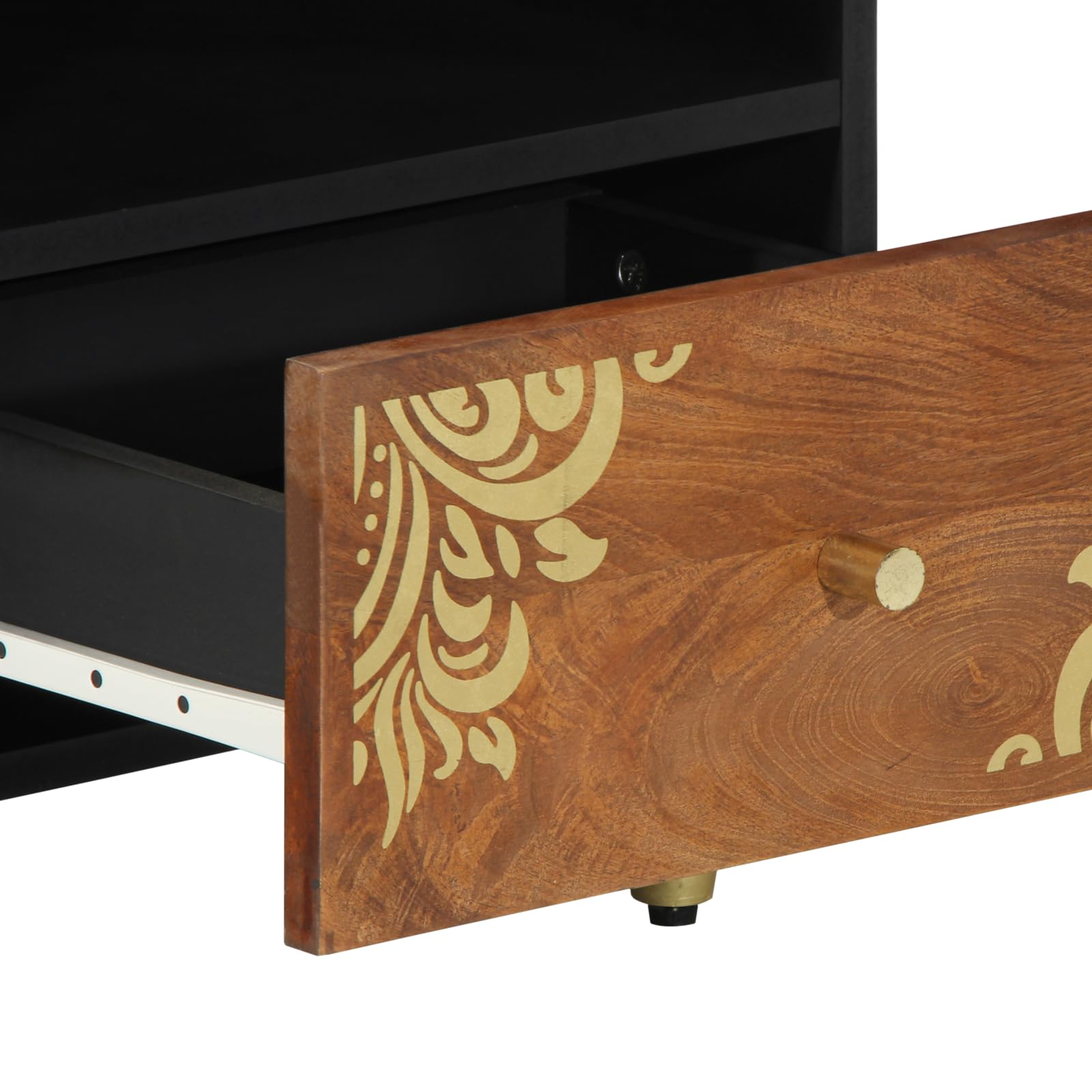 Mesa de centro de madera maciza de mango, 80 x 54 x 40 cm, con tres cajones, diseño moderno, con incrustaciones de flores, superficie marrón miel para salón, almacenamiento y estabilidad