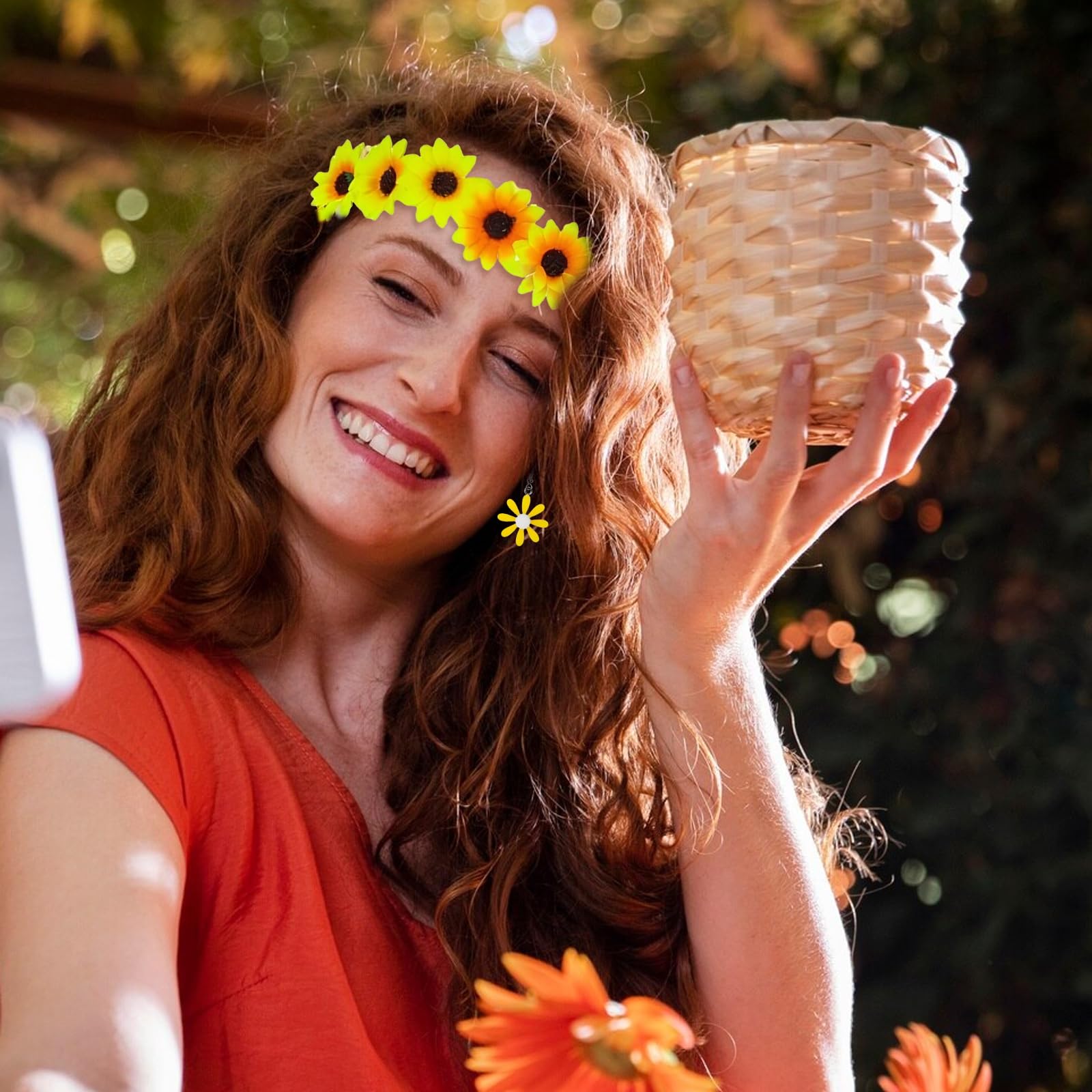 4 Pcs 60s 70s Hippie Women Accessories Set Fancy Dress for Women Including Vintage Hippie Glasses Daisy Headband Peace Sign Necklace Earrings Party Supplies for Groovy Cosplay Party Halloween (Yellow) - Image 3