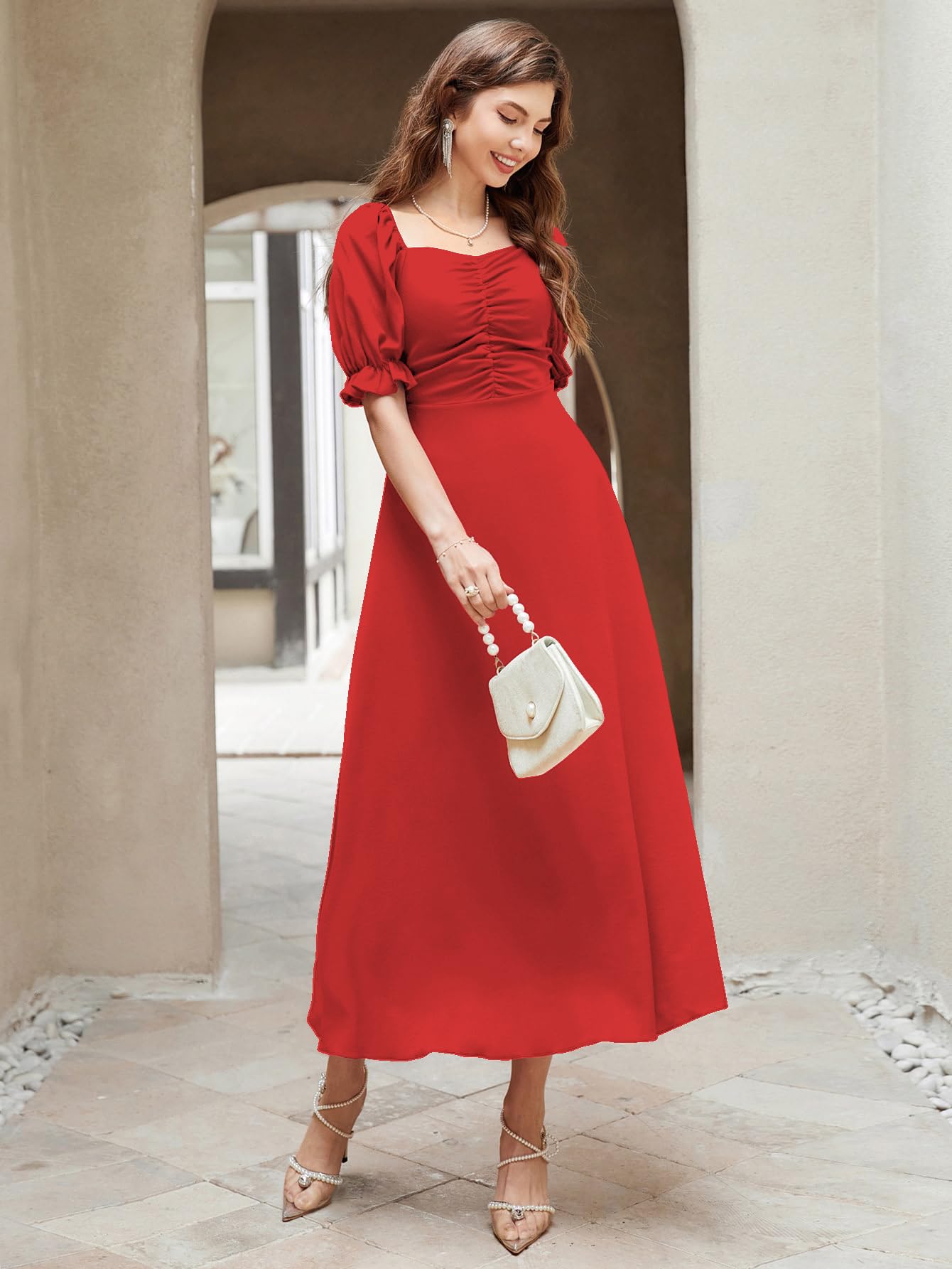 Shasmi Girl's & Women's Solid Red A-Line Ruched Puff Sleeve Maxi Long Evening One Piece Long Dress for Women Stylish (Dress 131 Red-S) - Image 6 thumbnail