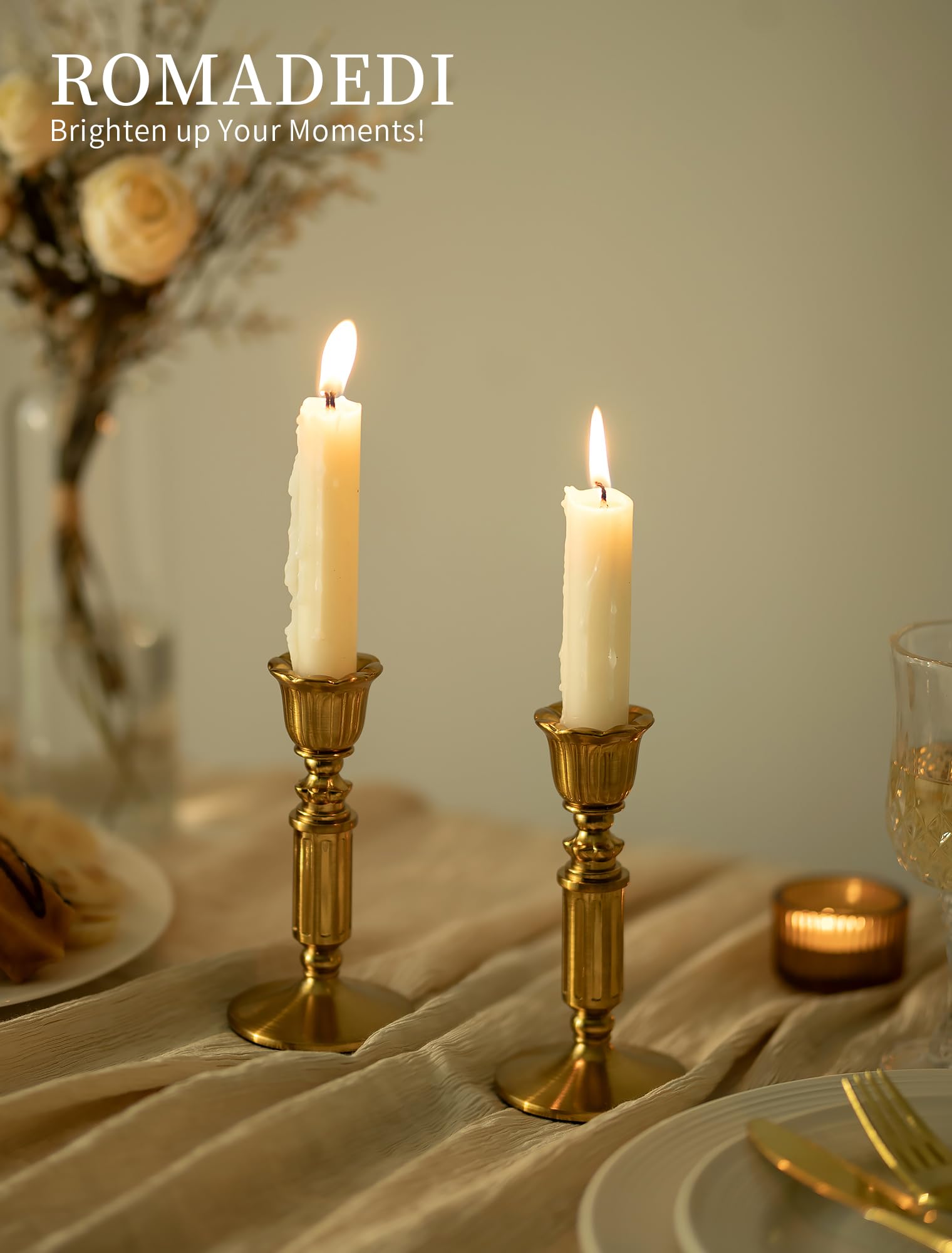 Romadedi Vintage Kerzenständer für Stabkerzen, 6er-Pack, Gold，14cm | Antike Messingoptik; Für Esstisch, Wohnzimmer, Hochzeit, Weihnachten und Adventsdekoration