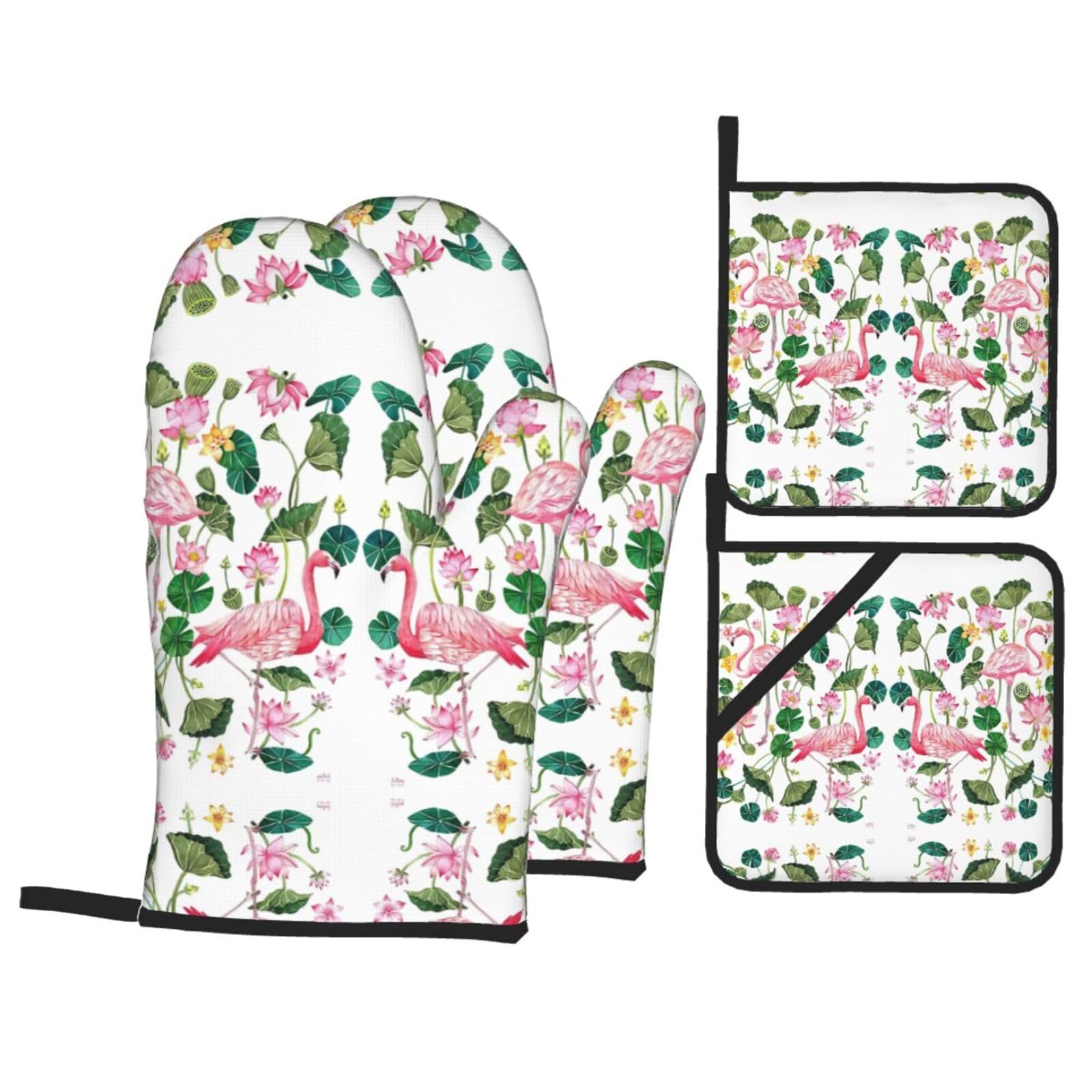 Flamingo Bird Round Leaves Print Oven Microwaving Waterproof Kitchen Gloves for Baking Grilling Holiday Cooking
