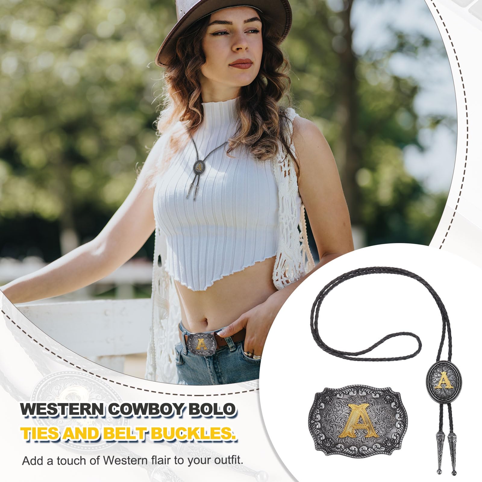 QUARKZMAN 2 Pcs Western Cowboy Bolo Tie And Belt Buckle Set Golden Initial Letter M Cowhide Rope Necktie For Women Men Costume Traditional Vintage Accessories, Grey Black/Gold