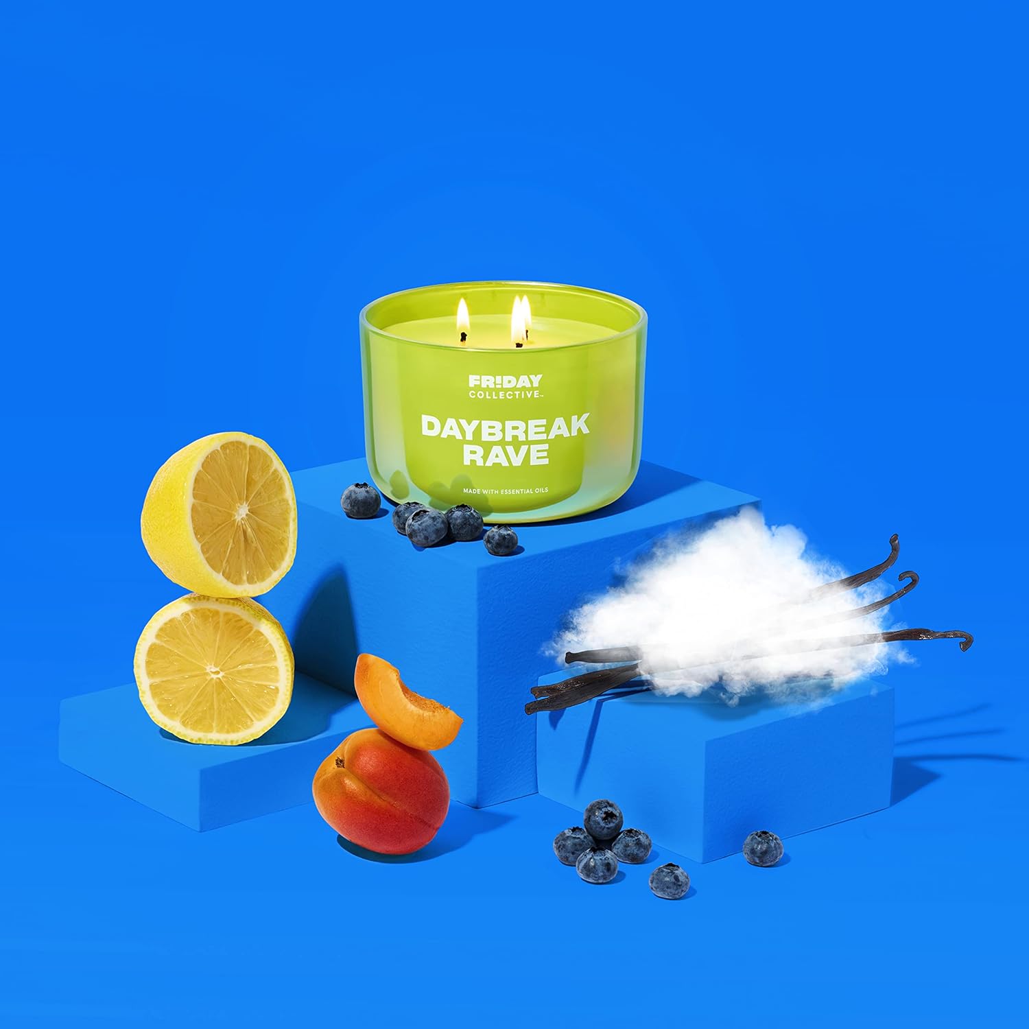 Friday Collective Daybreak Rave Candle, Fruity Gourmand Scented, Made with Essential Oils, 3 Wicks, 13.5 oz : Everything Else