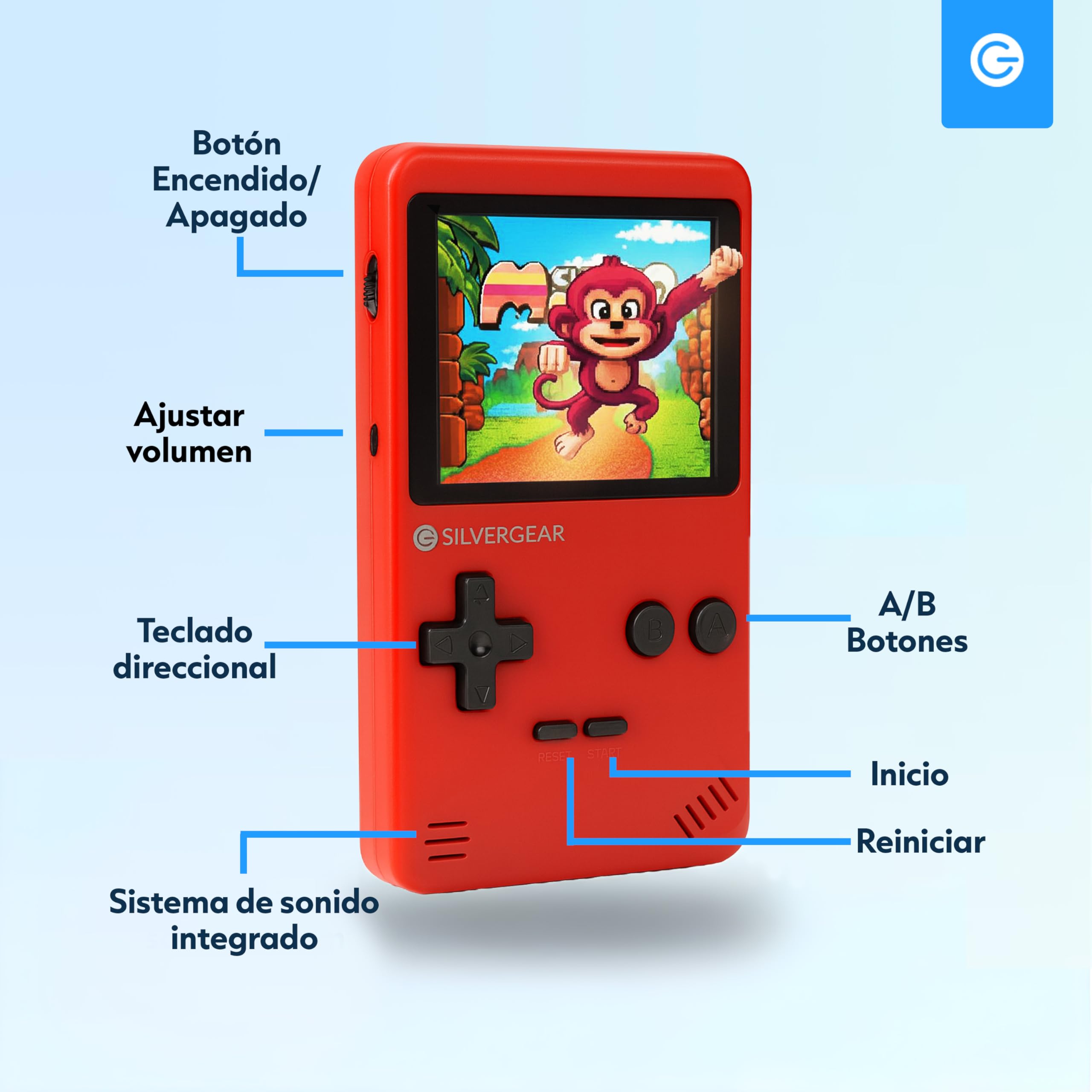 Silvergear® Consola Retro Portátil | Videoconsola Retro Arcade con 240 Juegos Clásicos en 6 Categorias | Mini Consola con Juegos Retro para Niños y Adultos | 12,5x8x2,3 cm | Rojo