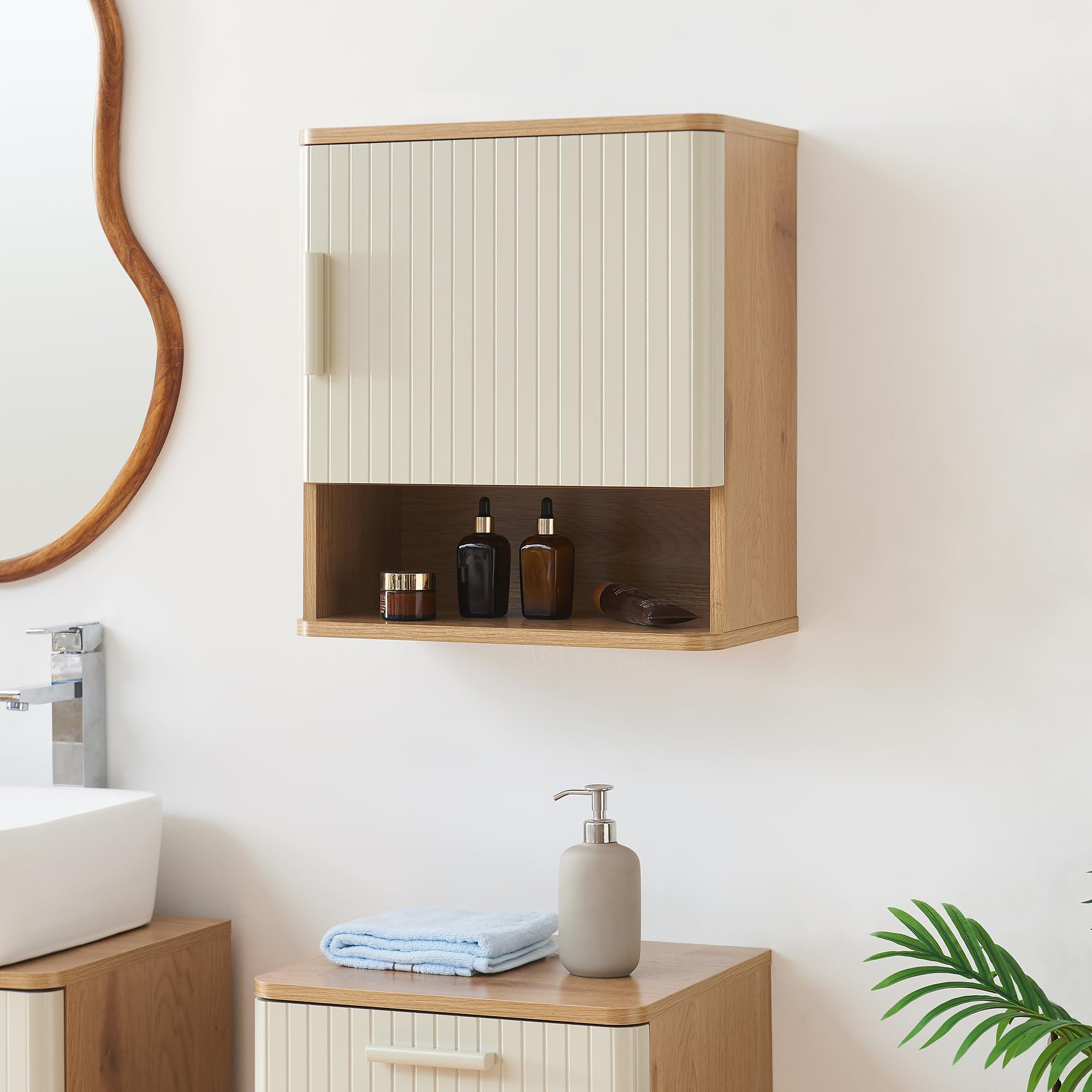 [en.casa] Armadietto a Muro con Anta Mobiletto da Parete con Vano Aperto e Ripiano Pensile Multiuso con Mensola per Bagno Cucina Ingresso 50 x 45 x 24 cm - Effetto Rovere/Avena Oatmeal