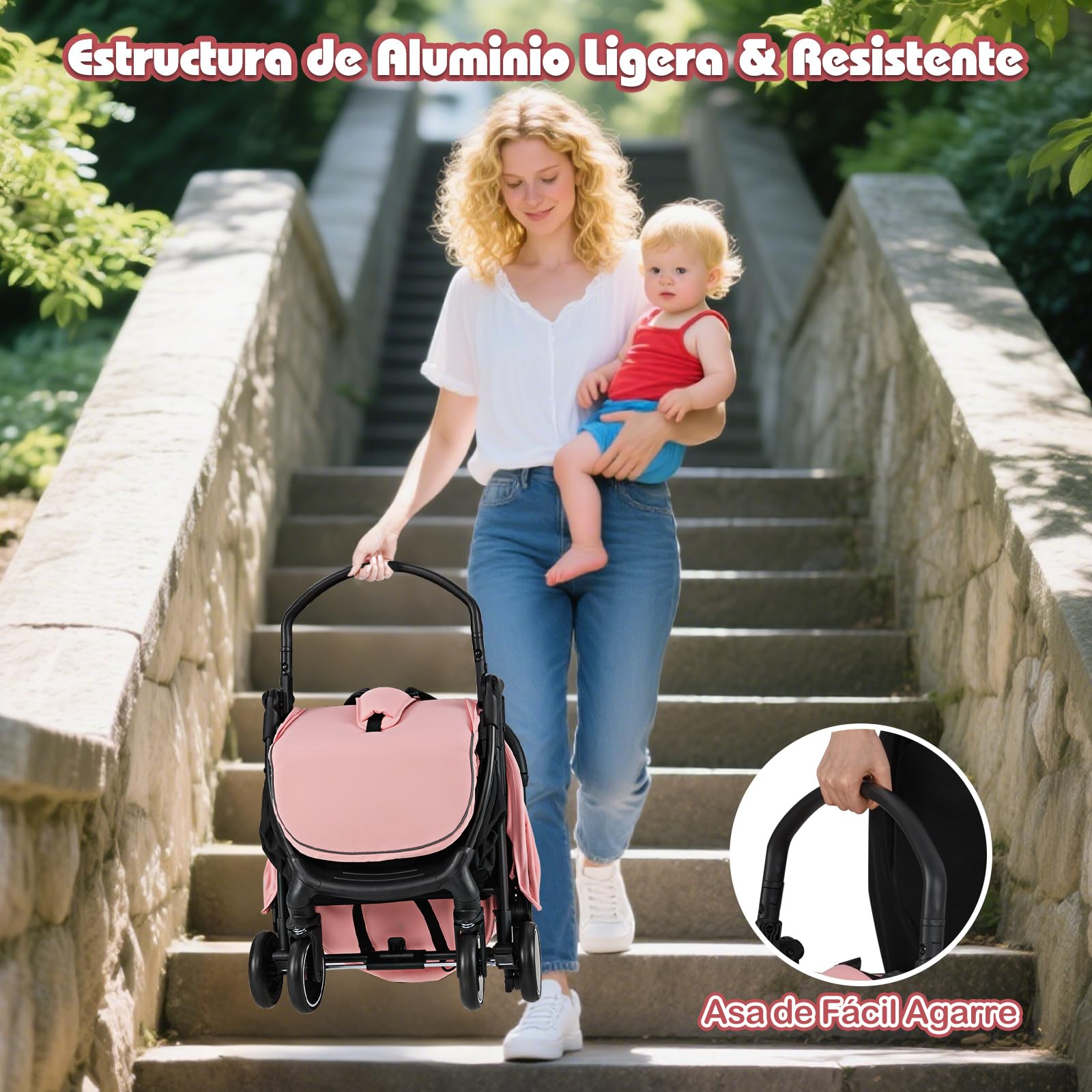 GOPLUS Cochecito Plegable para Niños, Cochecito con Respaldo Reclinado, Diseño Portátil y Compacto, con Estructura Metálica y Freno de Pie, para Niños Pequeños de 0-3 Años (Rosa)
