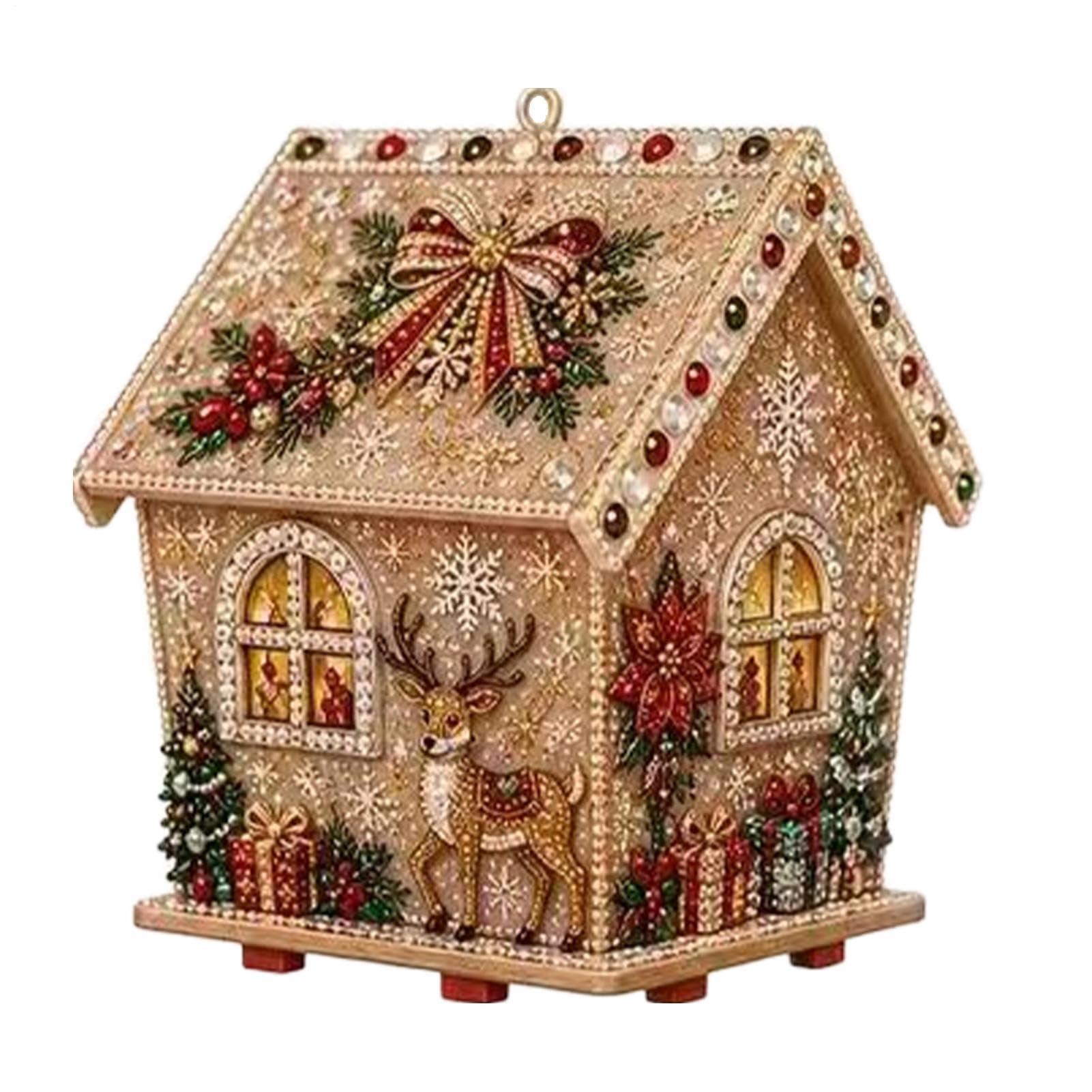 Wooden House Rhinestone Painting Kit Shiny Winter Holiday Display Decor