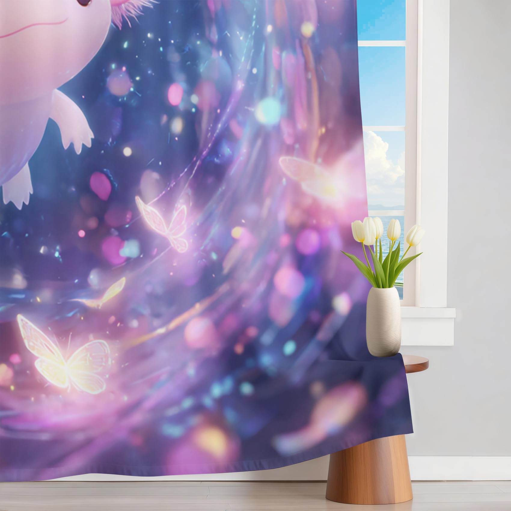 Süßer Axolotl Vorhänge Blickdicht, Schmetterling Fantasie Vorhang mit ösen für Wohnzimmer Schlafzimmer, Thermovorhang Kälteschutz Gardinen, Cartoon Tier Verdunklungsvorhänge 2er set B 200 x H 160 bN4