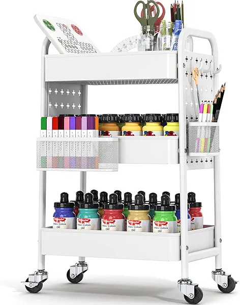 TOOLF Metal Rolling Storage Cart, 3-Tier Utility Mobile Cart with DIY Pegboards, Serving Trolley Cart with Baskets Hooks, for Kitchen, Bathroom, Office, Home, Classroom (Light White)