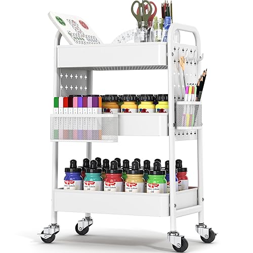 TOOLF Metal Rolling Storage Cart, 3-Tier Utility Mobile Cart with DIY Pegboards, Serving Trolley Cart with Baskets Hooks, for Kitchen, Bathroom, Office, Home, Classroom (Light White) - Light White