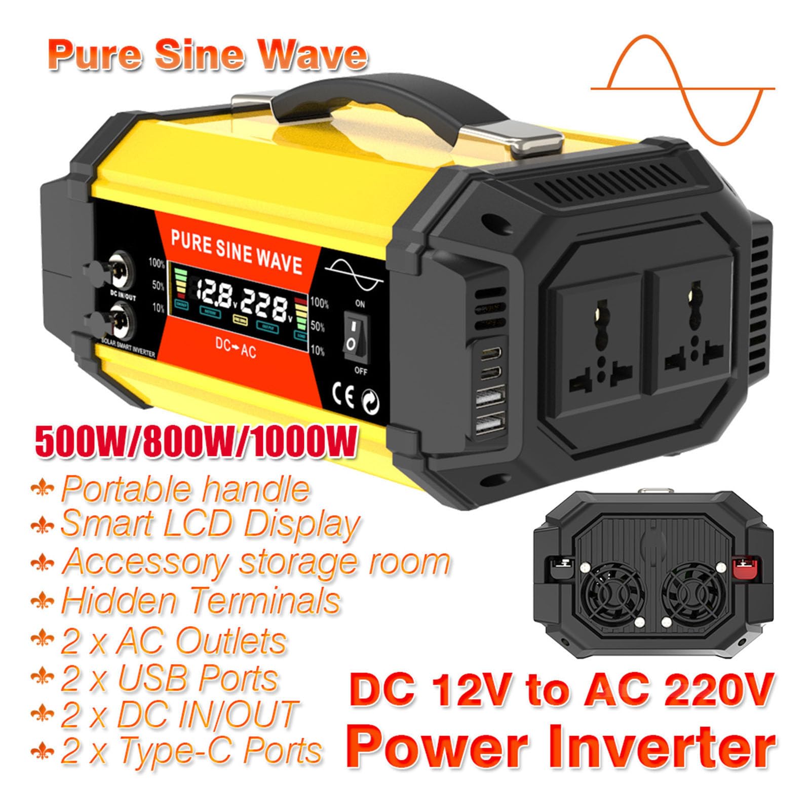 YWBL-WH Cargador Inversor de CC a CA de 800 W, Material ABS, Carga Rápida con USB para Coche Camión, Adecuado para Ordenador Portátil y Teléfono
