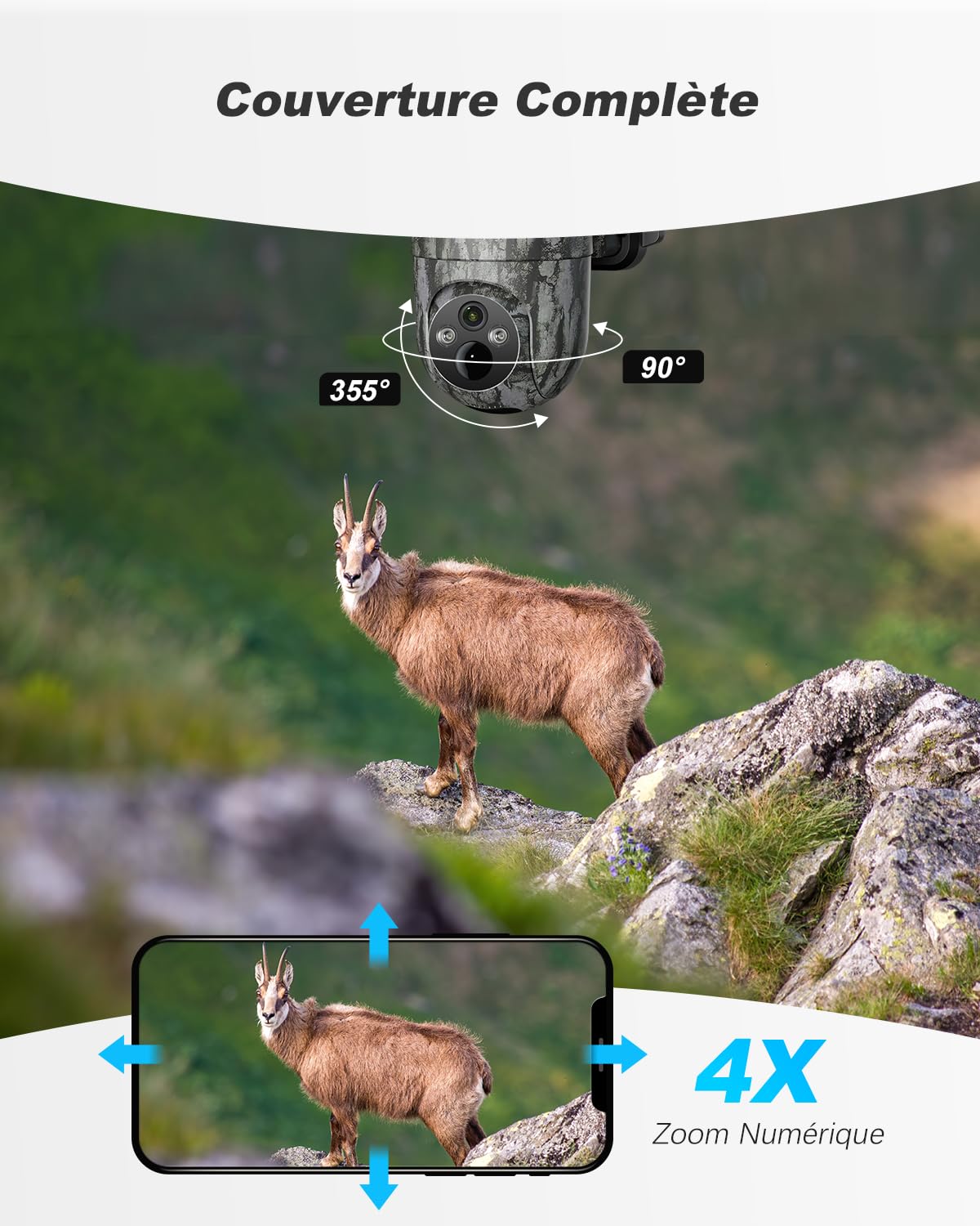 Xega Caméra de Chasse PTZ Solaire 4G Extérieure avec Carte SIM sans WiFi | 2K 3MP, Batterie Intégrée Autonome, Détection Personnalisée, Projecteur & Sirène, Alerte APP, Abonnement Requis