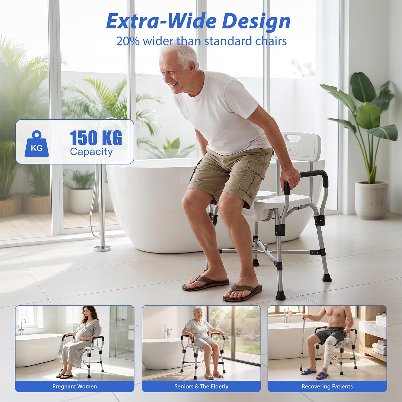 Sedia per Doccia Anziani e Disabili con Braccioli e Schienale, Sgabello Doccia Anziani Regolabile in Altezza, Sedile per Doccia Antiscivolo con Design a U per Igiene Personale, Professional