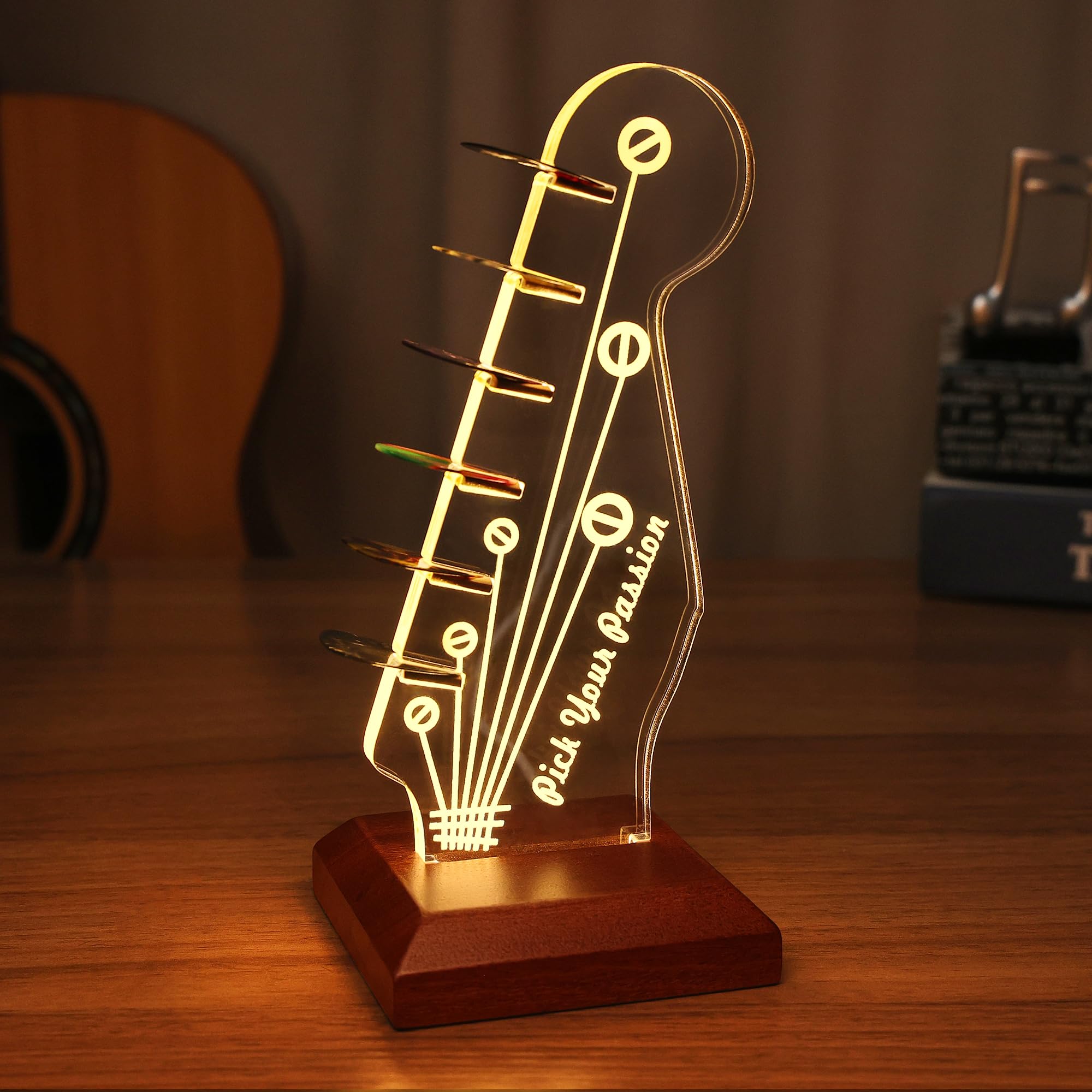 Lampeez Light Up Guitar Pick Holder, Acrylic Wood Desktop Pick Holder with Picks Display, Guitar Accessories Gifts for Players Enthusiasts