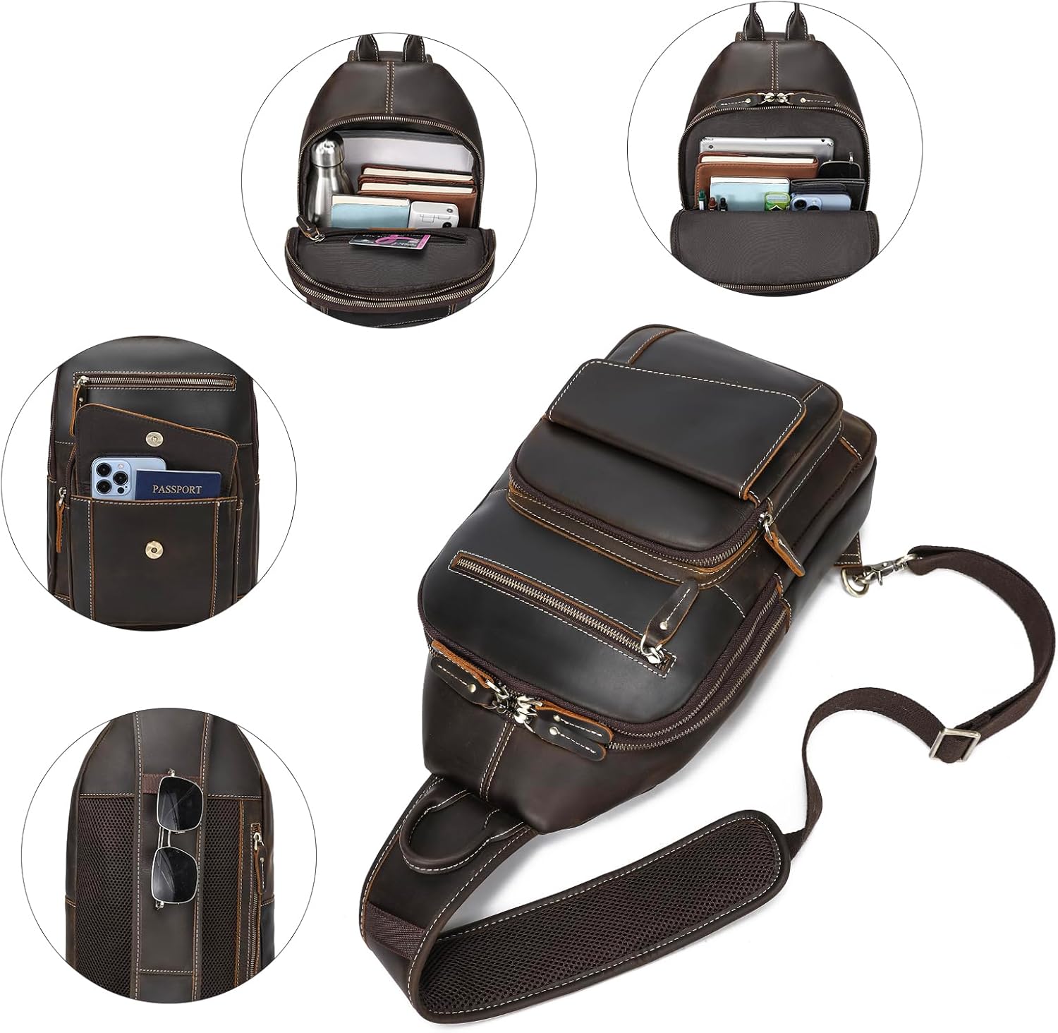 LANNSYNE Full Grain Leather Casual Sling Bag For Men Hiking/Travel/Business Crossbody Chest Bag Fits 12.9" iPad - Image 5