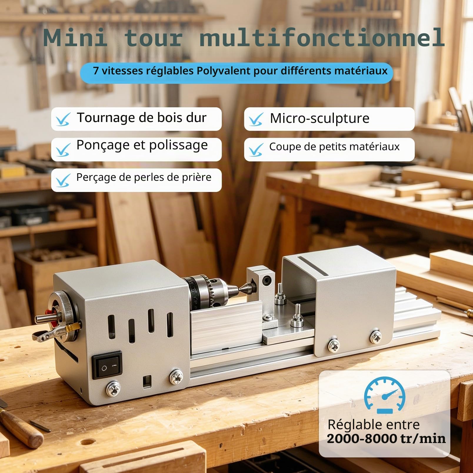 Mini tour à bois 125W, machine à tourner, tour à bois 2000-8000 tr/min, réglage à 7 vitesses, mini tour à bois, machine à fraiser et à tourner, découpe, polissage, pour les bricoleurs, travail du bois