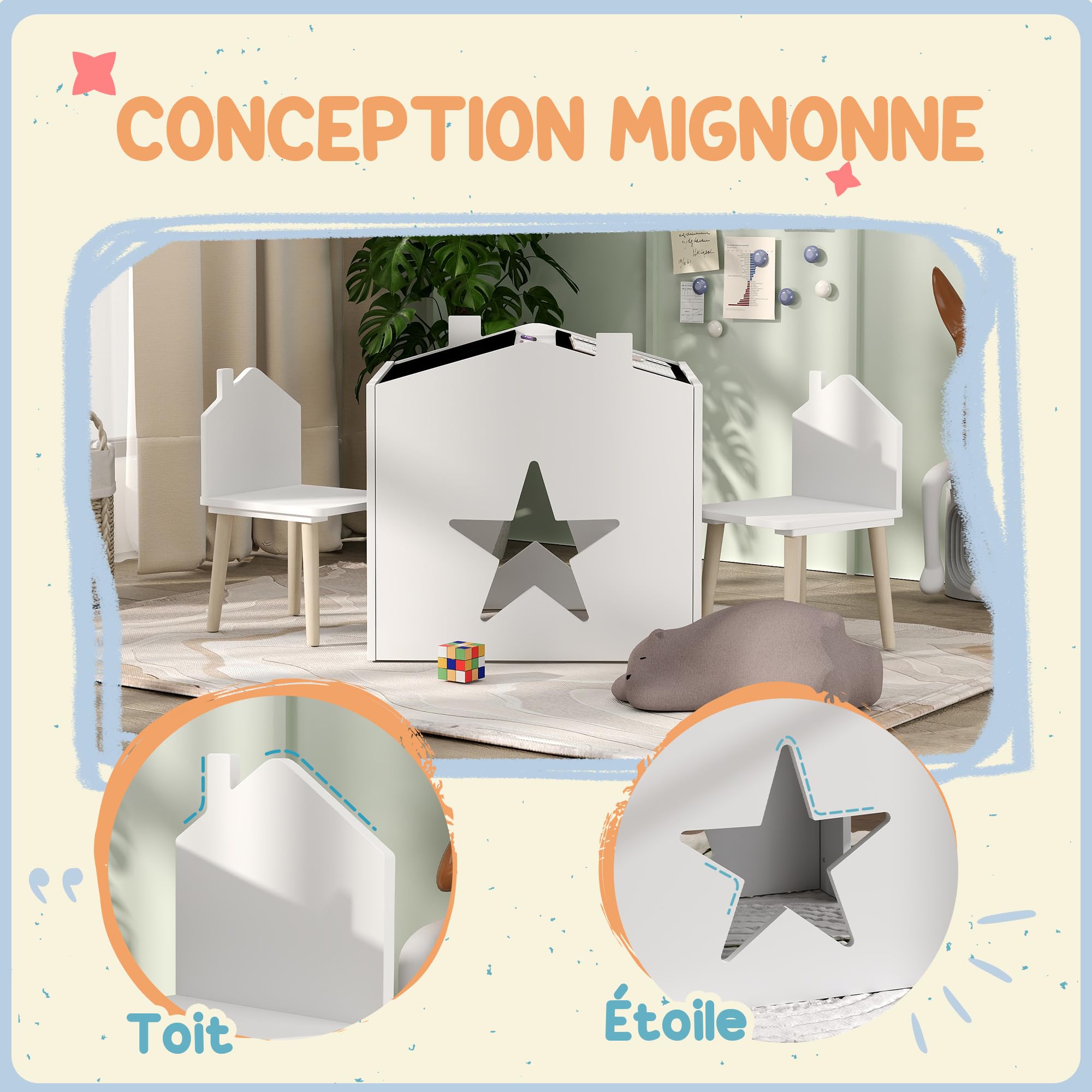 AIYAPLAY Ensemble 1 Table et 2 Chaise 3 Pièces pour Enfants 3-8 Ans Blanc