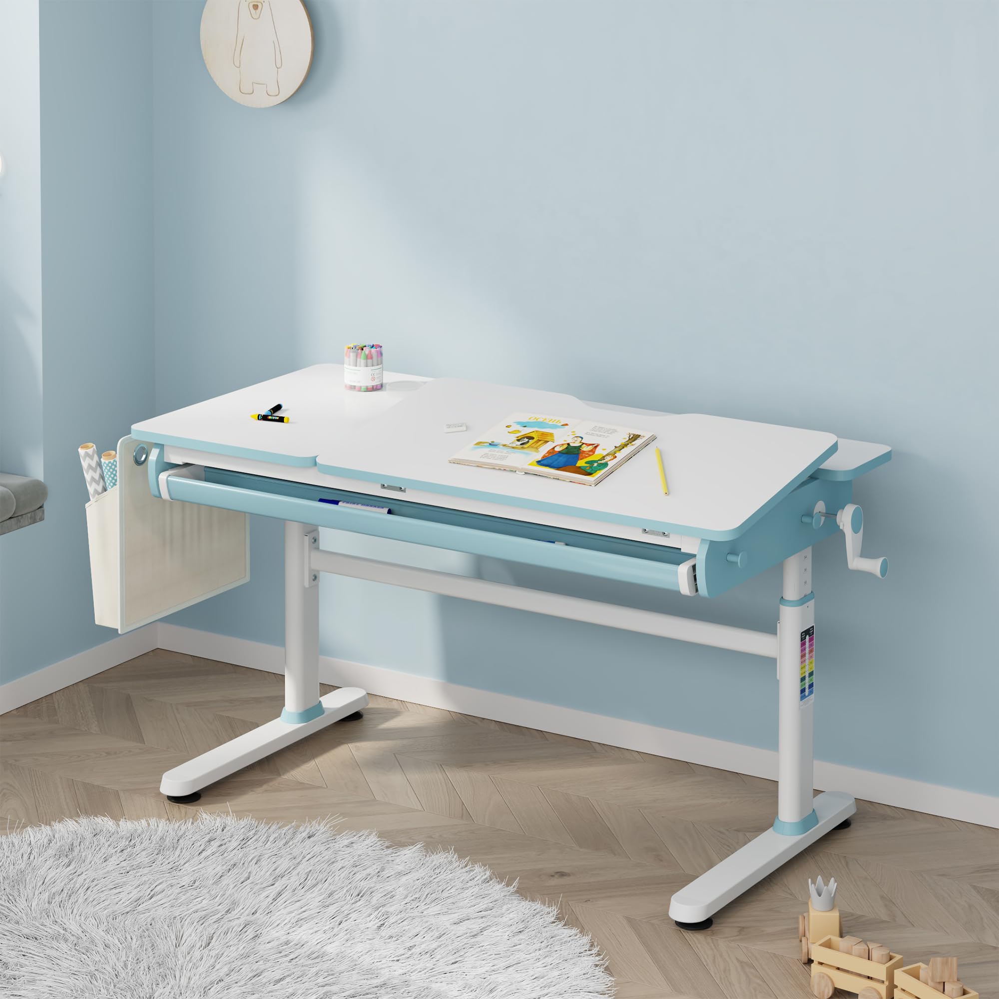 [en.casa] Scrivania Regolabile in Altezza 54–76 cm per Cameretta con Piano 120 x 60 cm Inclinabile e Cassetto Portaoggetti Tavolo Studio Disegno per Bambini Ganci Borsa Laterale - Azzurro/Bianco