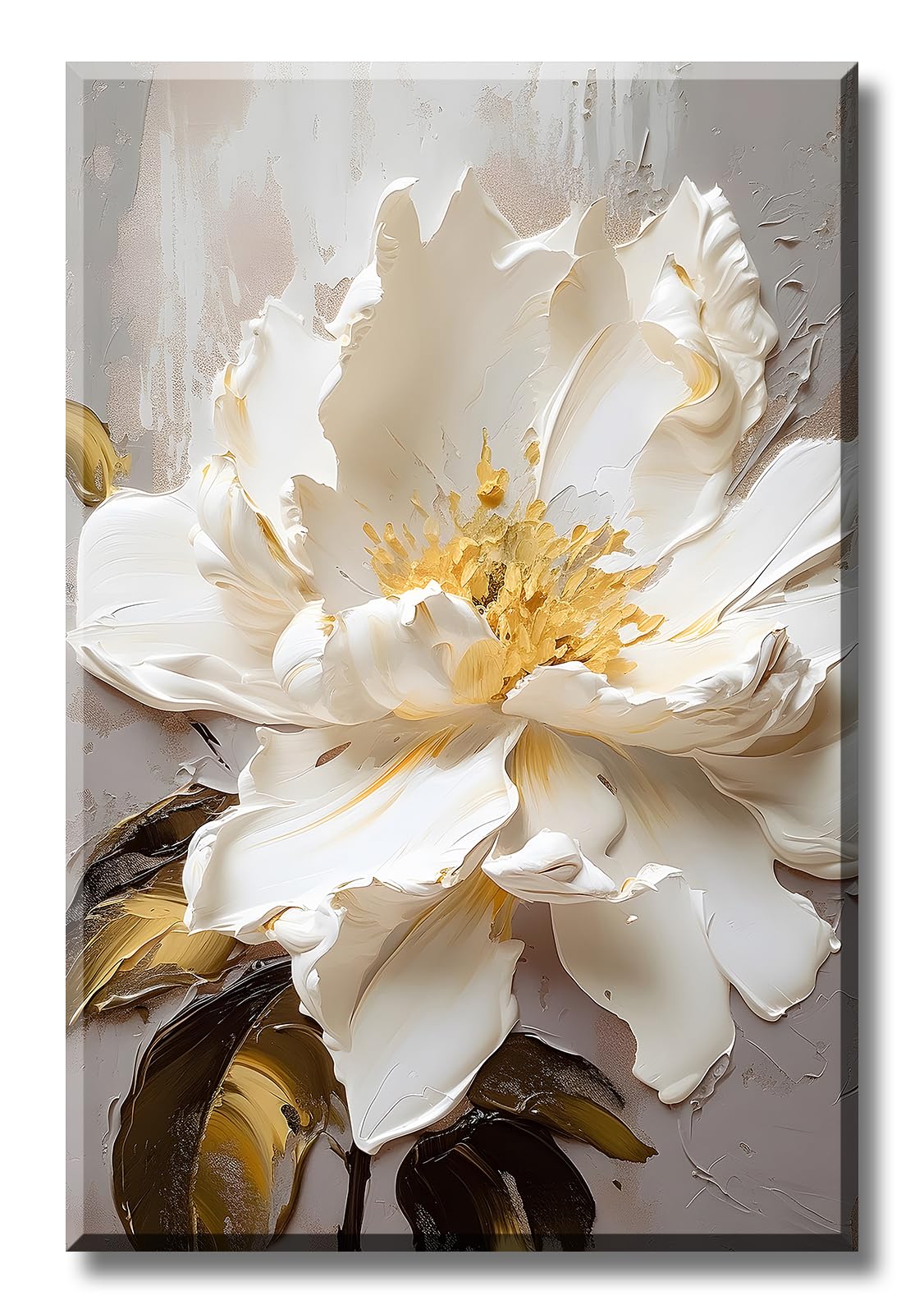 Large White Floral Canvas Wall Art, Abstract Flower Painting Prints for Bedroom, Modern Flower Artwork with Gold Leaves for Living Room Wall Decor,