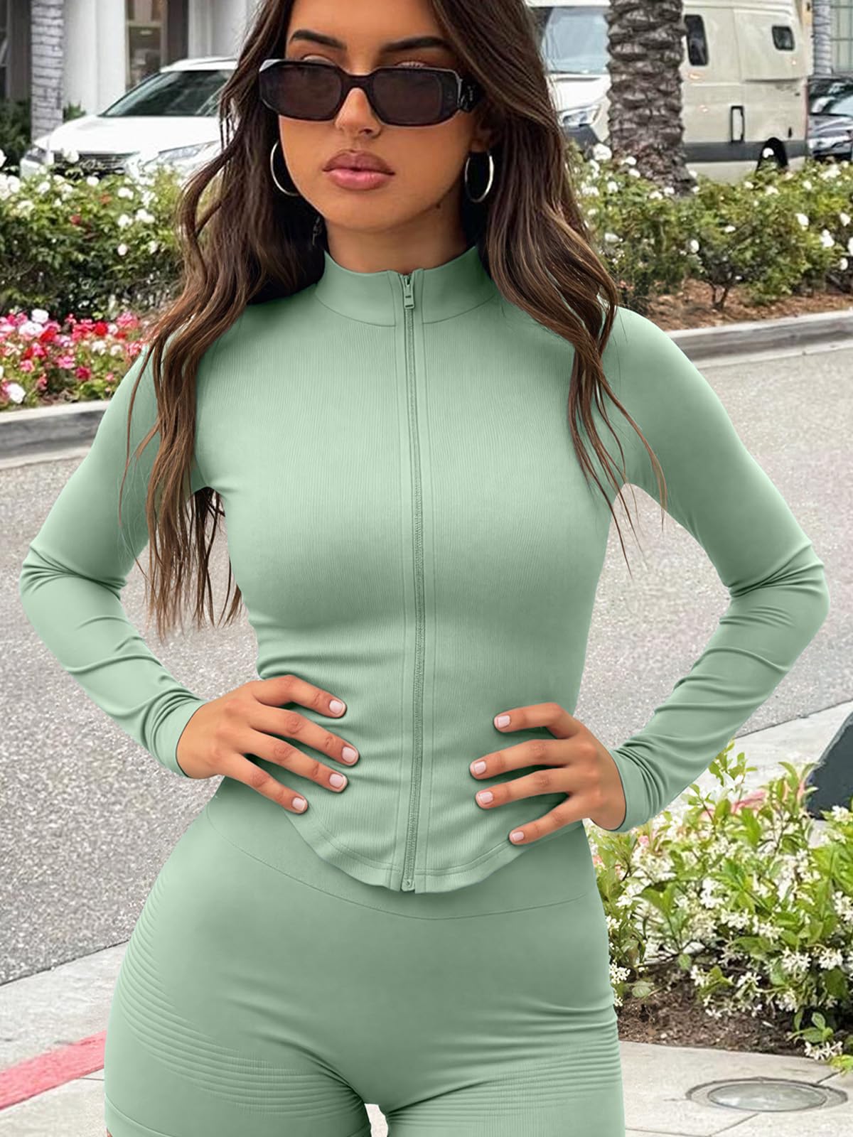 Chaqueta de entrenamiento para mujer, camiseta deportiva de manga larga con cremallera y diseño de agujero para el pulgar, ajuste delgado, atlética para gimnasio y yoga — view 12