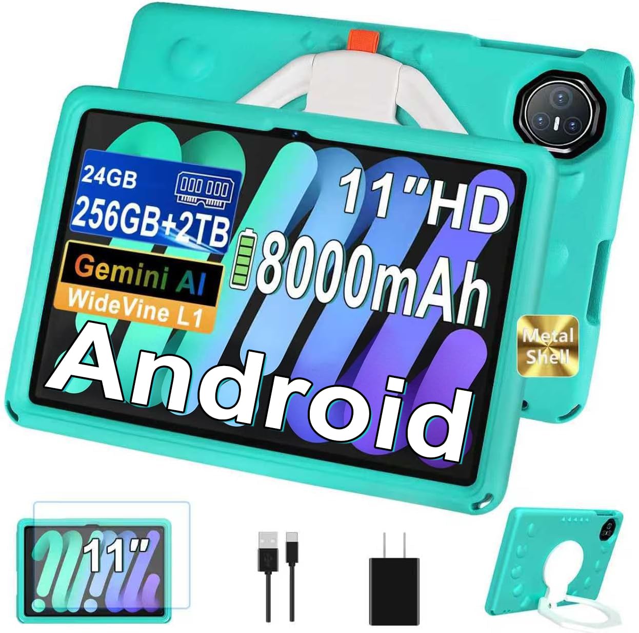 2026 Tablet Android 15 Con EVA Silicone Custodia Protettiva, 24GB+256GB/2TB, Bambini tablet 11 Pollici Octa-Core, Gemini AI/Widevine L1, 8000 mAh, 13MP+5MP, Corpo Metallo, Tableta Grande-Pallido Verde