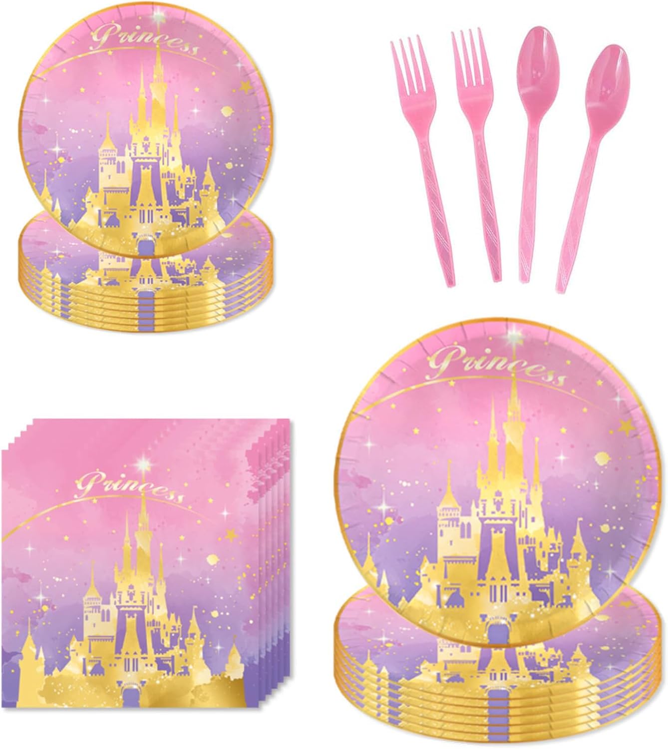 120pcs Cartoon Princess Castle Birthday Party Set Supplier for Plates, Napkins, Forks, Spoons and Tablecloth, Pink Party Packs (Plate Set)