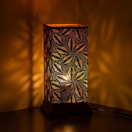 ExclusiveLane 'Leaf Hand-Etched' Iron Bedside Table Lamp for Bedroom Living Room (12 Inch, Iron & Mango Wood, Without Bulb, Pack of 1) |Side Table Lamps for Home Decoration Office Study Side Lamp