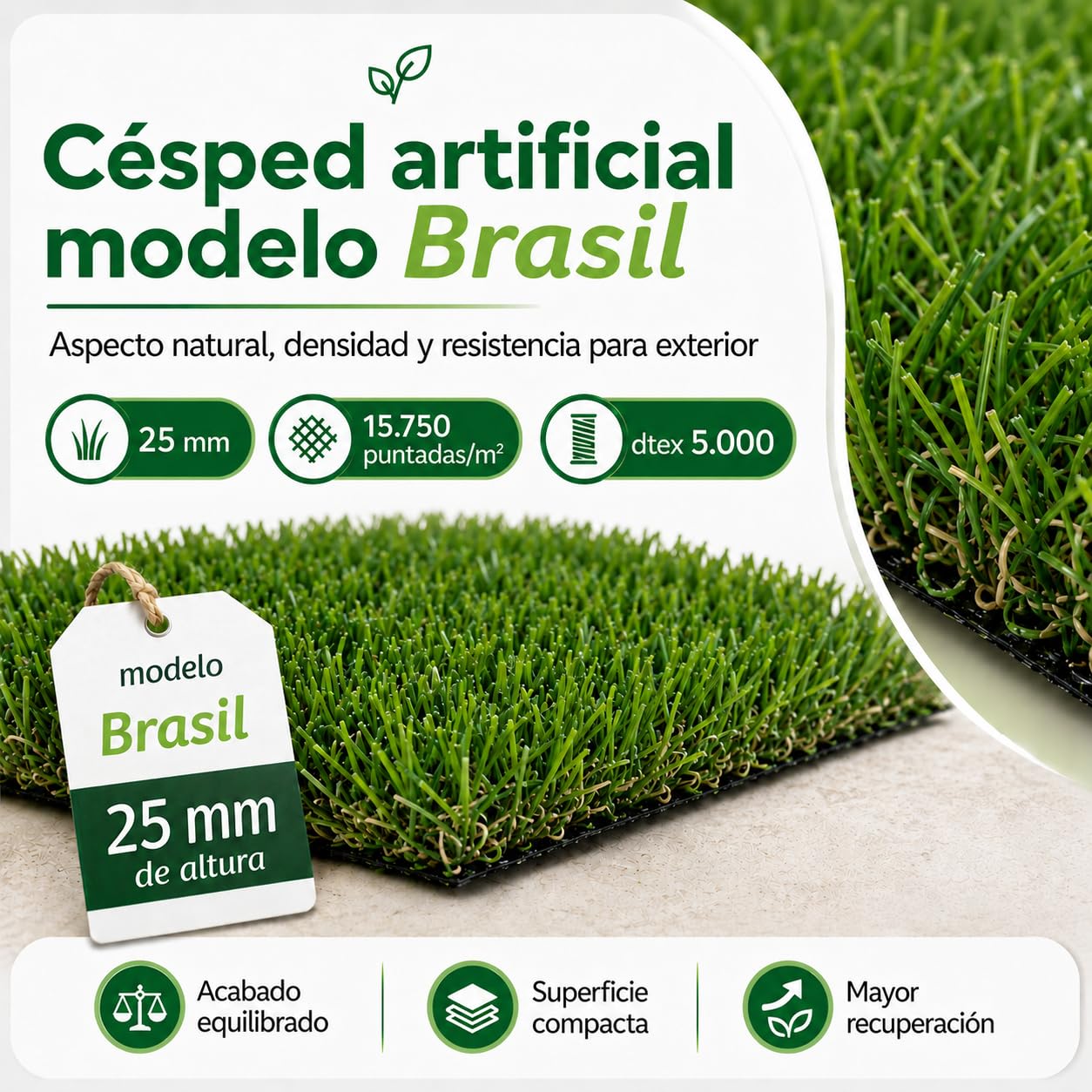Césped Artificial Premium 25mm, Rollo de 2x10 Metros, Modelo Brasil, 13.650 Puntadas, 5.900Dtex. Máximo Realismo, Alta Densidad, Ideal para Exteriores, Piscinas, Terrazas y Jardín