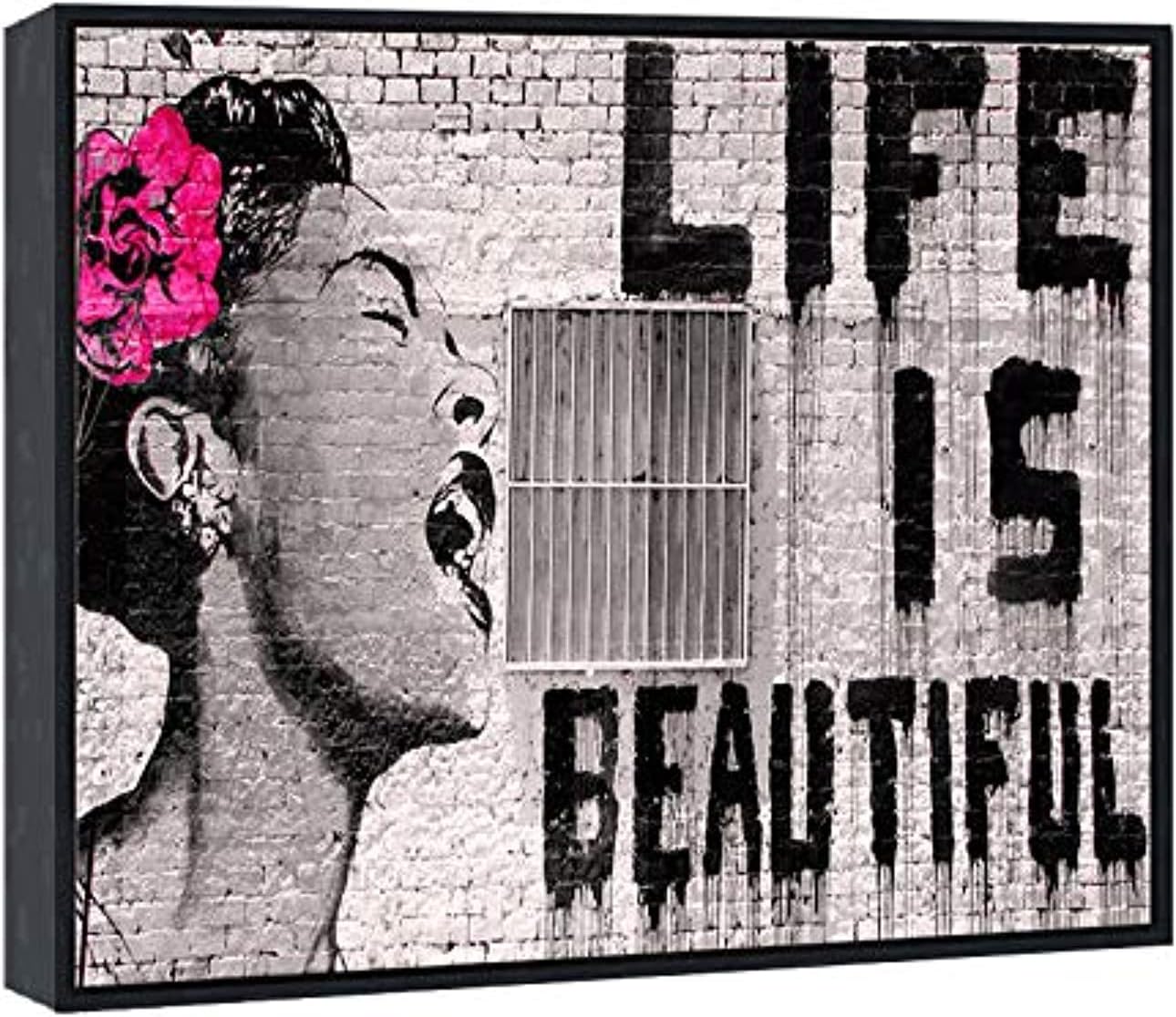 Wieco Art Framed Art Canvas Prints of Banksy Life is Beautiful Abstract Artwork for Wall Decor Black Frame BANKSY-2-5060-BF