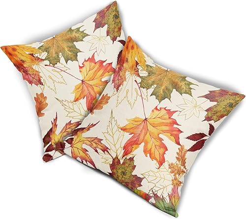 Miniatura 2 de Juego de 2 fundas de almohada de hojas de otoño, 18 x 18 pulgadas, juego de 2 fundas de almohada de lino y algodón cuadrado naranja claro,