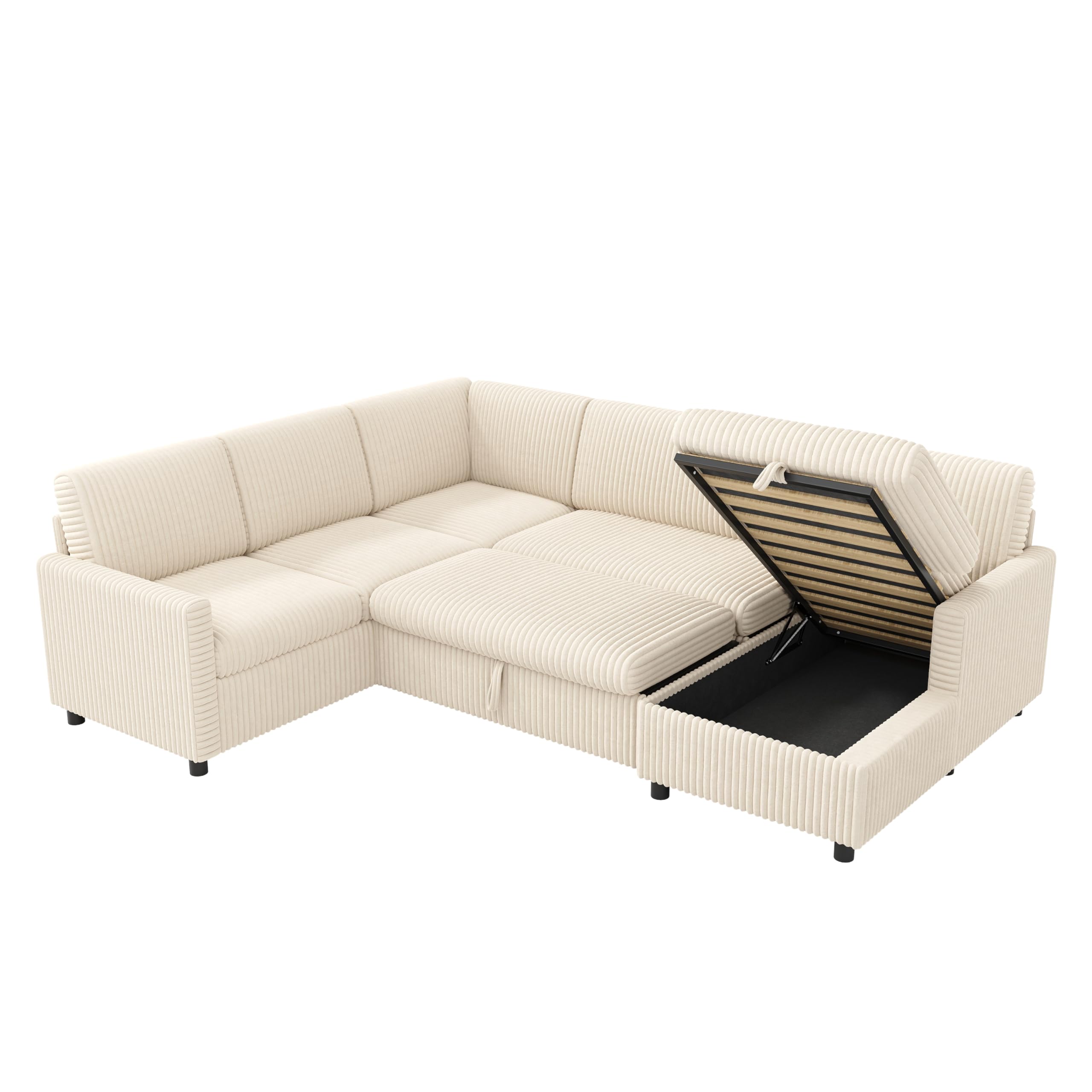 Sofá cama esquinero moderno en forma de L de 274 cm con función de dormir, sofá cama extensible, tela de pana gruesa, chaise longue con espacio de almacenamiento (beige)