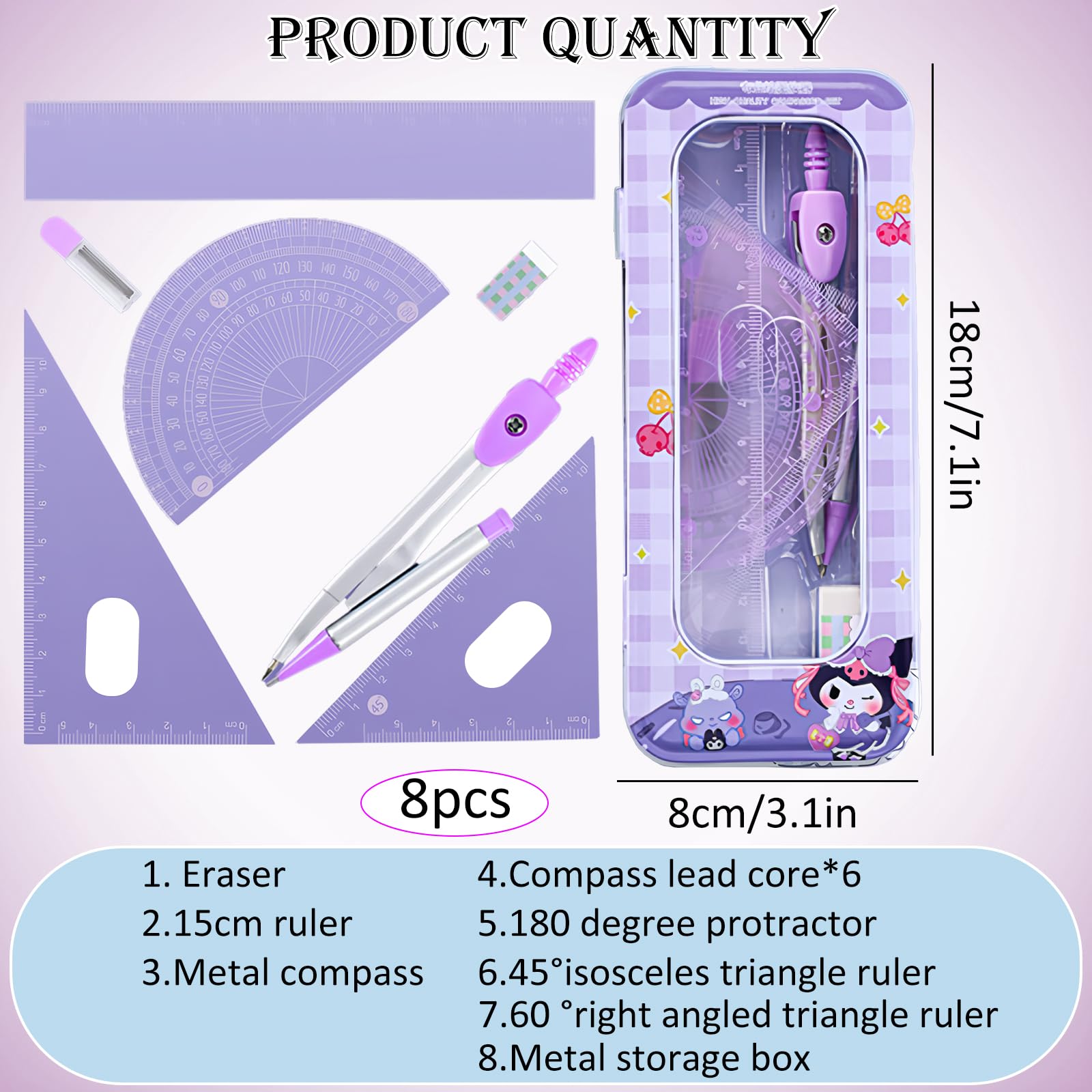 LHLZNB 8Piece Maths Set,clear pencil case,Maths Sets - Image 2