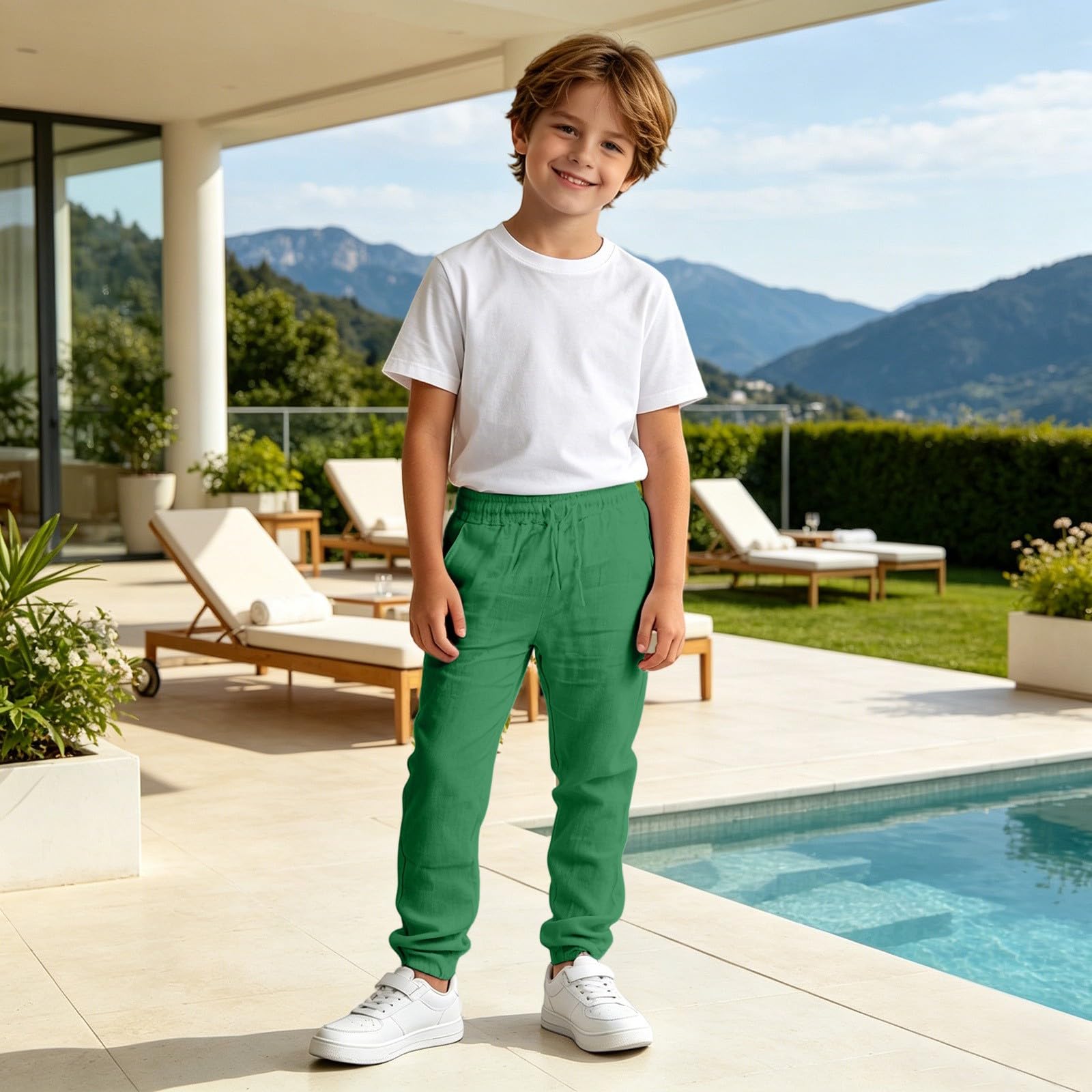 Pantalones de Lino para Niños, Pantalón de Verano para Niños, Pantalones de Algodón y Lino Casuales, Lisos, Largos, Ligeros, Holgados, con Cordón, para Vacaciones, Playa, Uso Diario