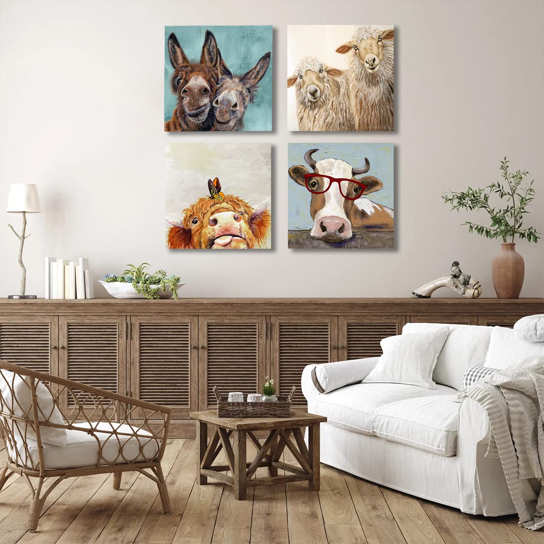 Simpatica decorazione da parete con mucca delle Highlands e mucca, immagini da parete con stampa su tela di animali della fattoria con bestiame, decorazione moderna per la casa, per camera da letto