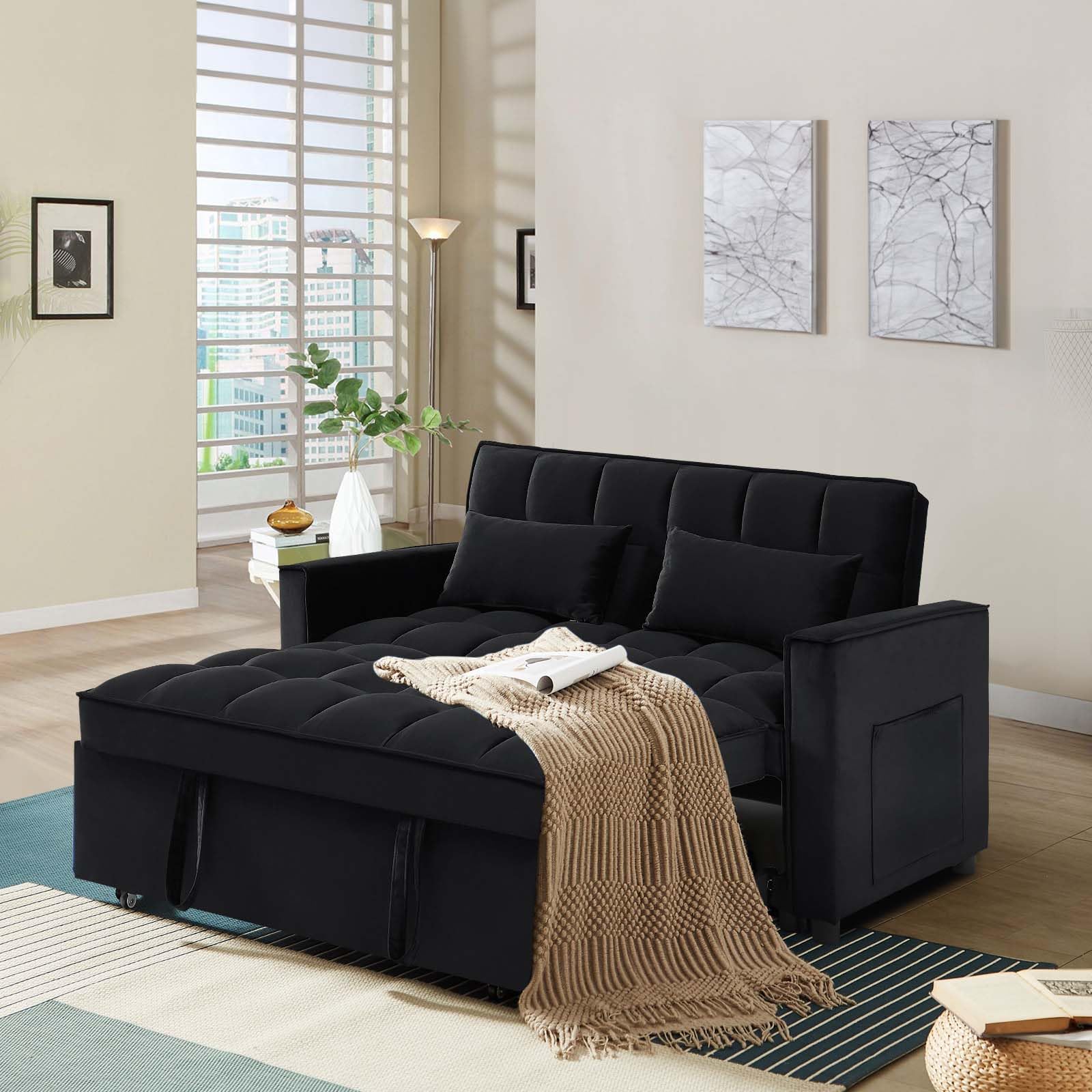 3 in 1 Convertible Sleeper Sofa Couch with Pull Out Bed,55" Velvet Upholstered Futon Sofa Bed,Modern Loveseat Sleeper Chaise with Adjustable Backrest