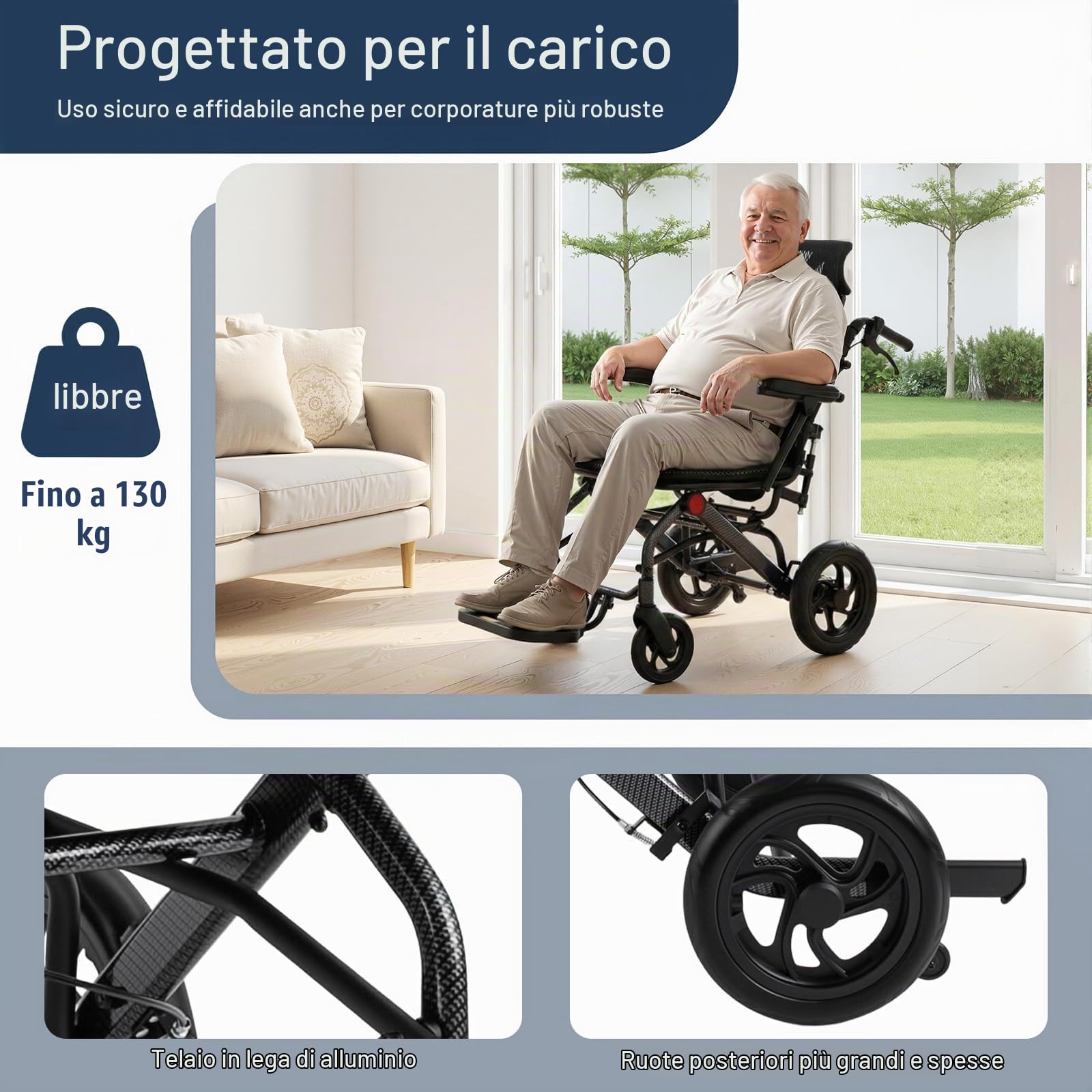 Sedia a rotelle pieghevole in alluminio, portata 130 kg, schienale regolabile da 90 ° a 175°, poggiatesta, braccioli a 360° per anziani