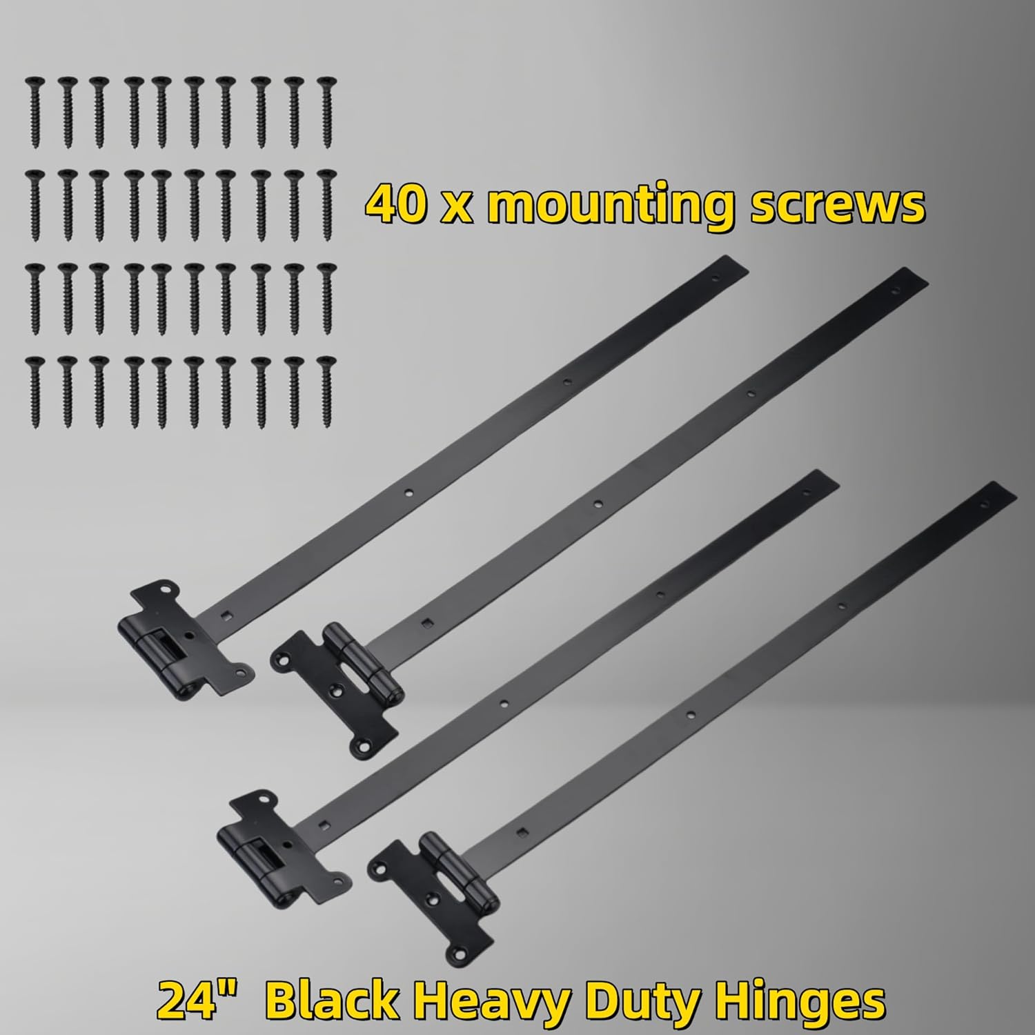 24 inch Black Heavy Duty Gate Hinges,4mm Thick Iron Barns Door Hinges with 40 Mounting Screws,T-Shaped Heavy Duty Hinges fits for Sheds Barns Garden gate Garage Door (4pcs)