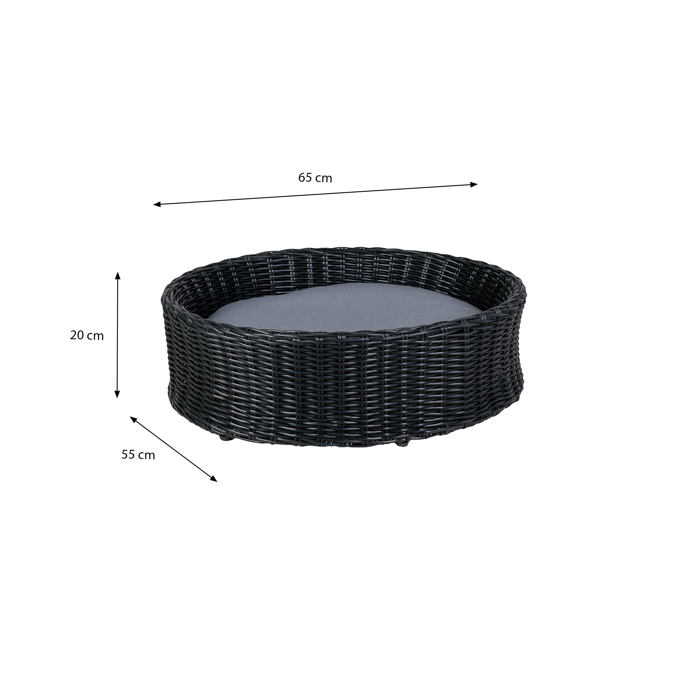 greemotion Hundebett aus schwarzem Polyrattan mit Kissen, ca. 65 x 20 x 55 cm