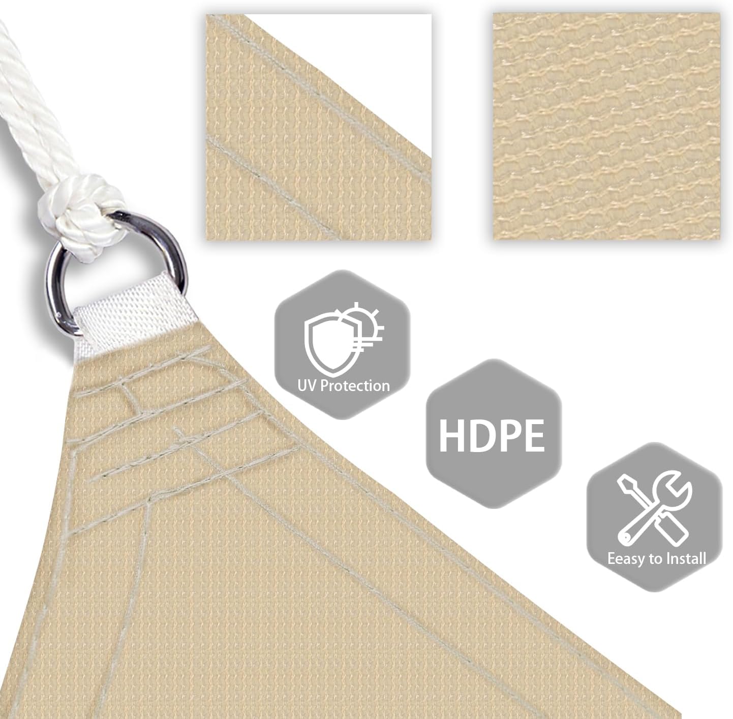 Patio Paradise 16' x 16' x 16' Sun Shade Sail Triangle Canopy Shade Cloth Fabric Sunlight Block Patio Pergola Cover HDPE Deck Awning for Outdoor Backyard Roof Shading, Sand