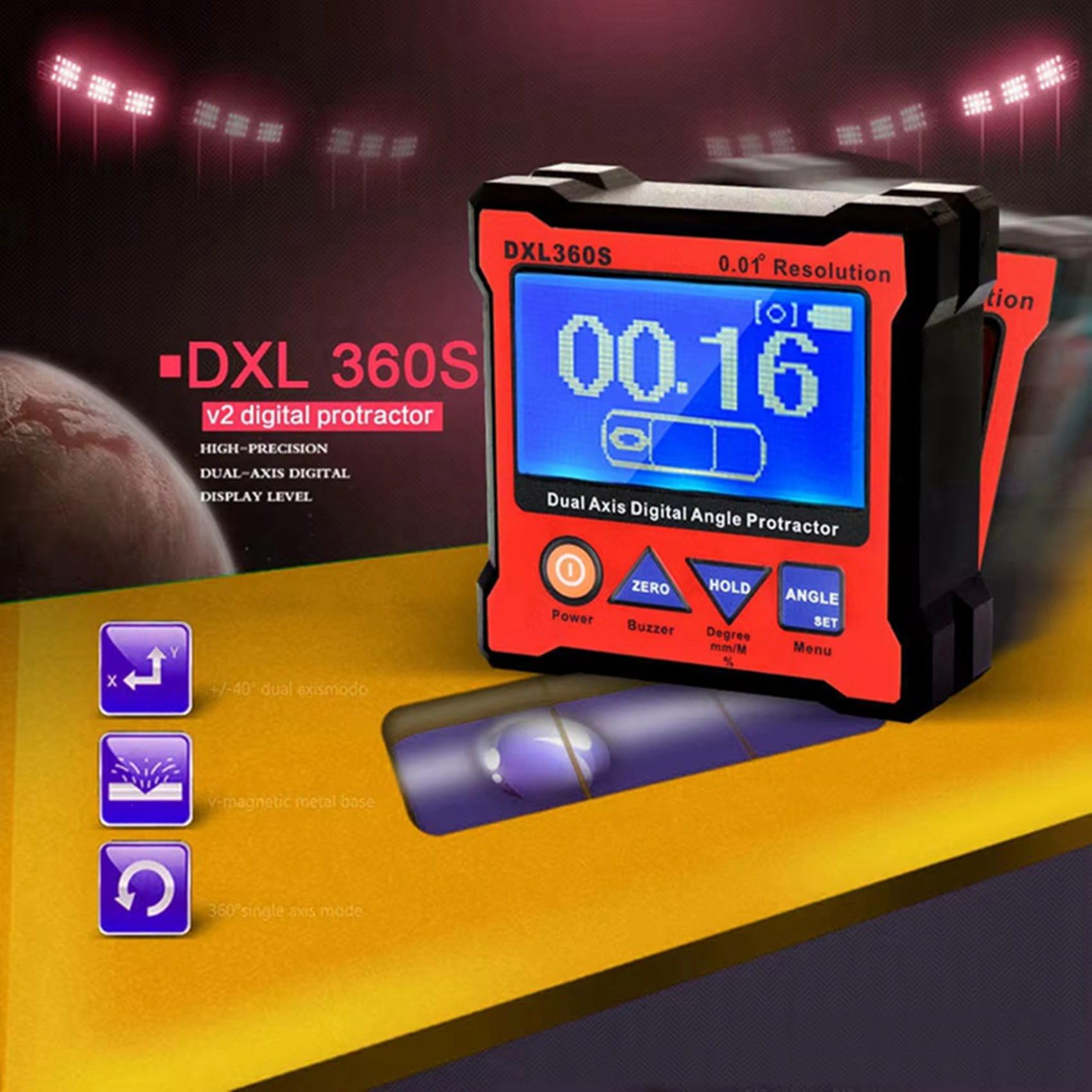 2X DXL360S Goniometro Digitale A Doppio Asse con Base Magnetica A 5 Lati Indicatore di Livello Digitale A Doppio Asse