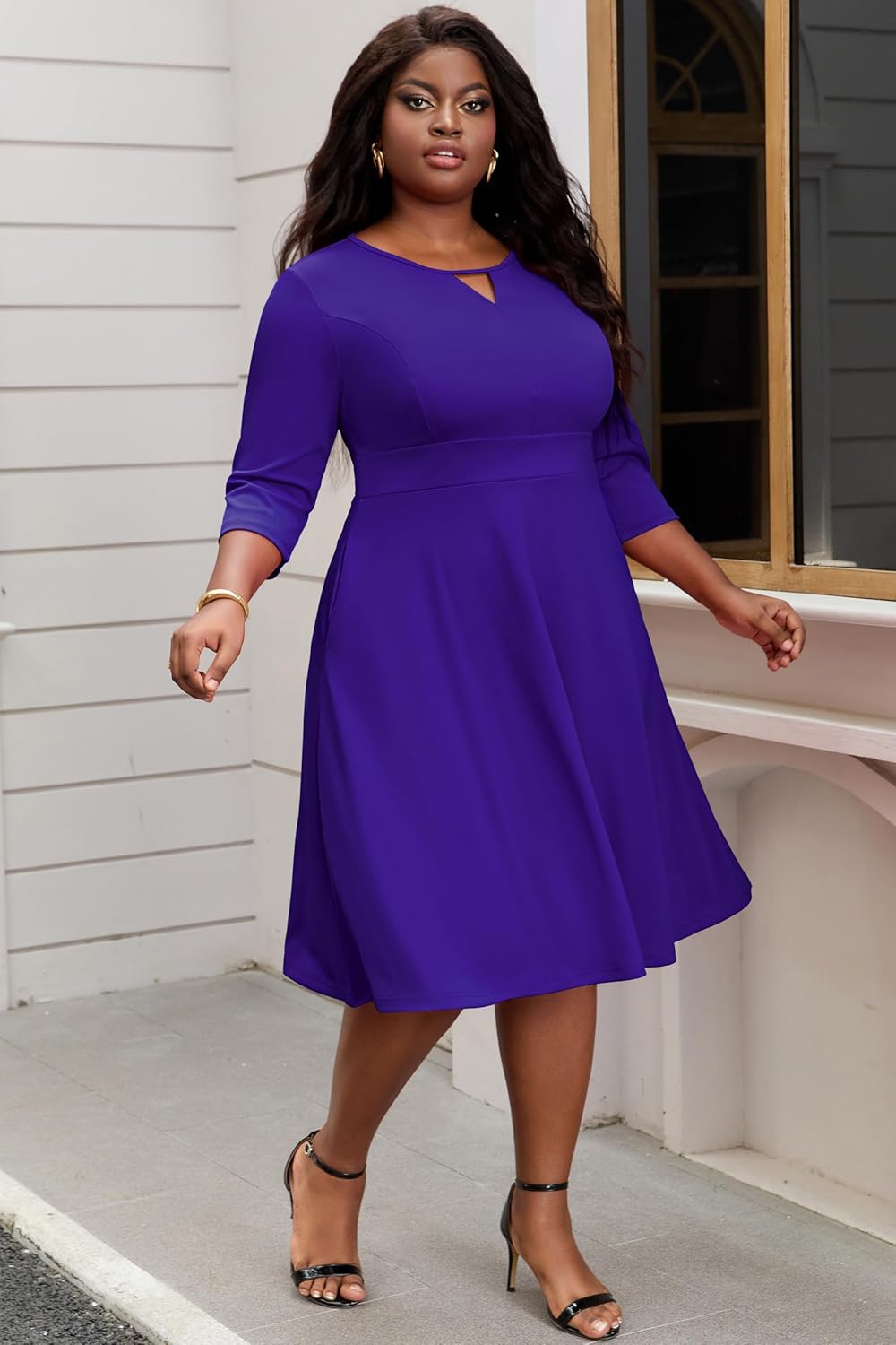 Nmoder Womens Plus Size Cocktail Dress 3/4 Sleeve Church Dresses for Women Midi Work Crewneck Dress with Pockets - Image 5