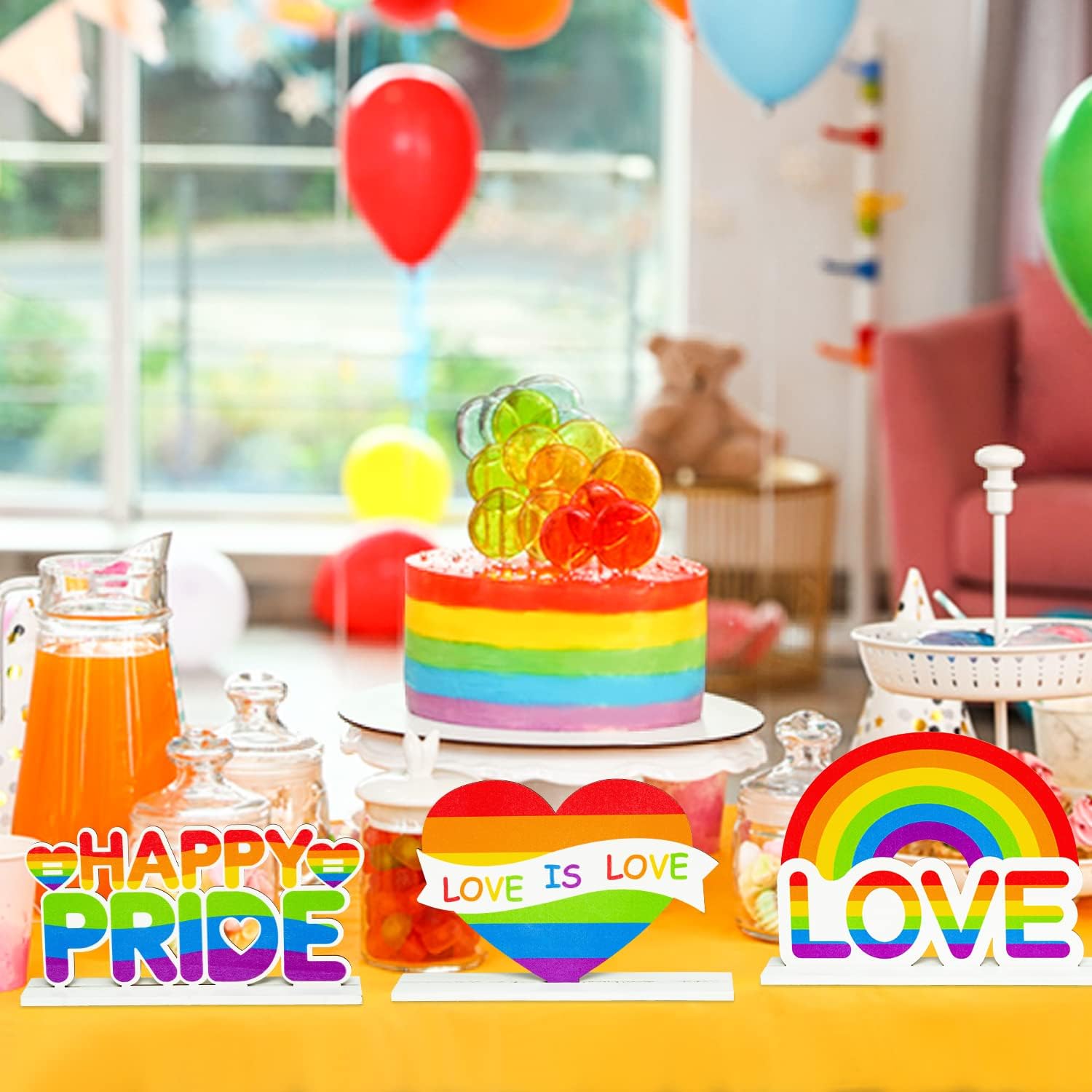WATINC 4pcs Gay Pride Rainbow Wooden Table Topper Centerpiece Decorations, LGBT Pride Month Party Wood Tiered Tray Signs Table Decor, Love is Love Detachable Tabletop Supplies for Home Kitchen