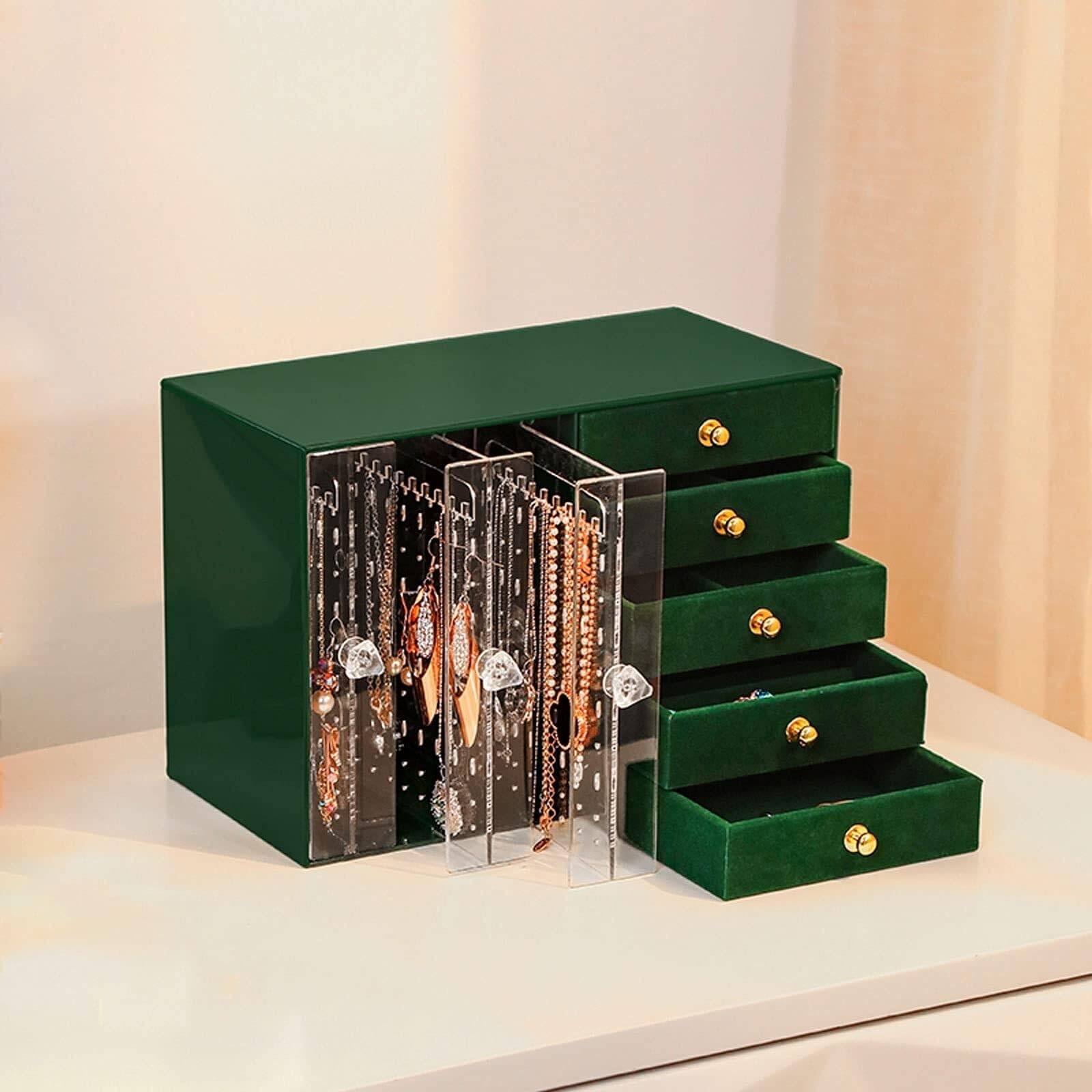 Organizador de Joyas con 5 cajones y 3 Soportes extraíbles para Pendientes, Forrado de Terciopelo, para Anillos, Pulseras y Collares.