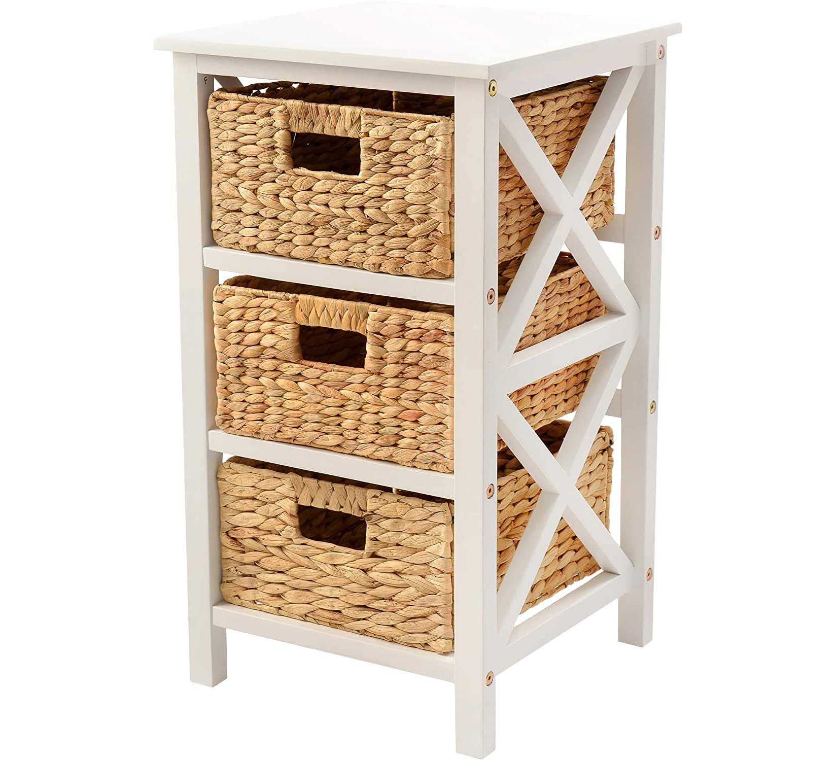eHemco 3 Tier X-Side End Table with Wicker Baskets for Bedside, Living Room in White