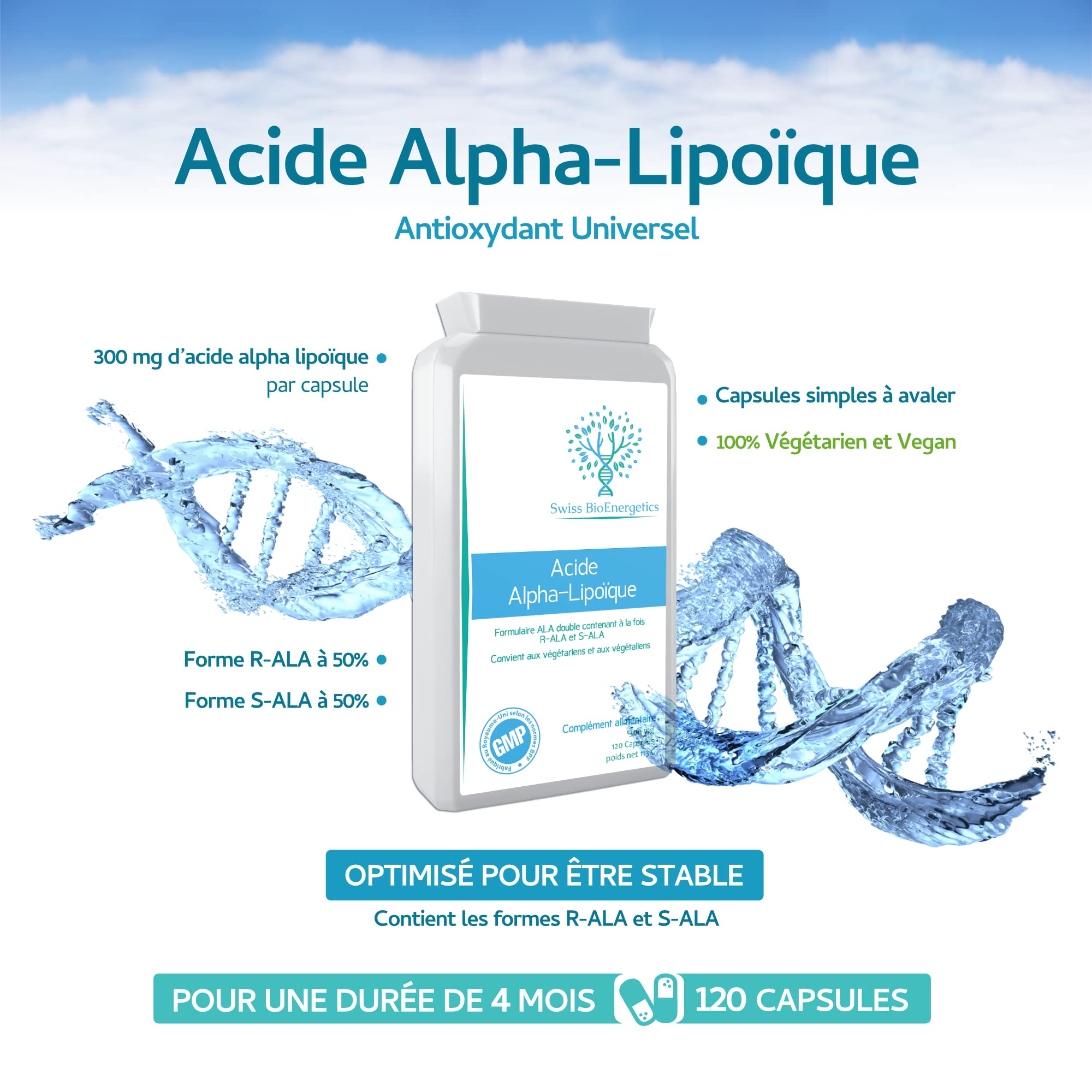 Acide alpha lipoïque 300 mg 120 comprimés - ALA double (à la fois R-ALA et S-ALA) - Fabriqué au Royaume-Uni
