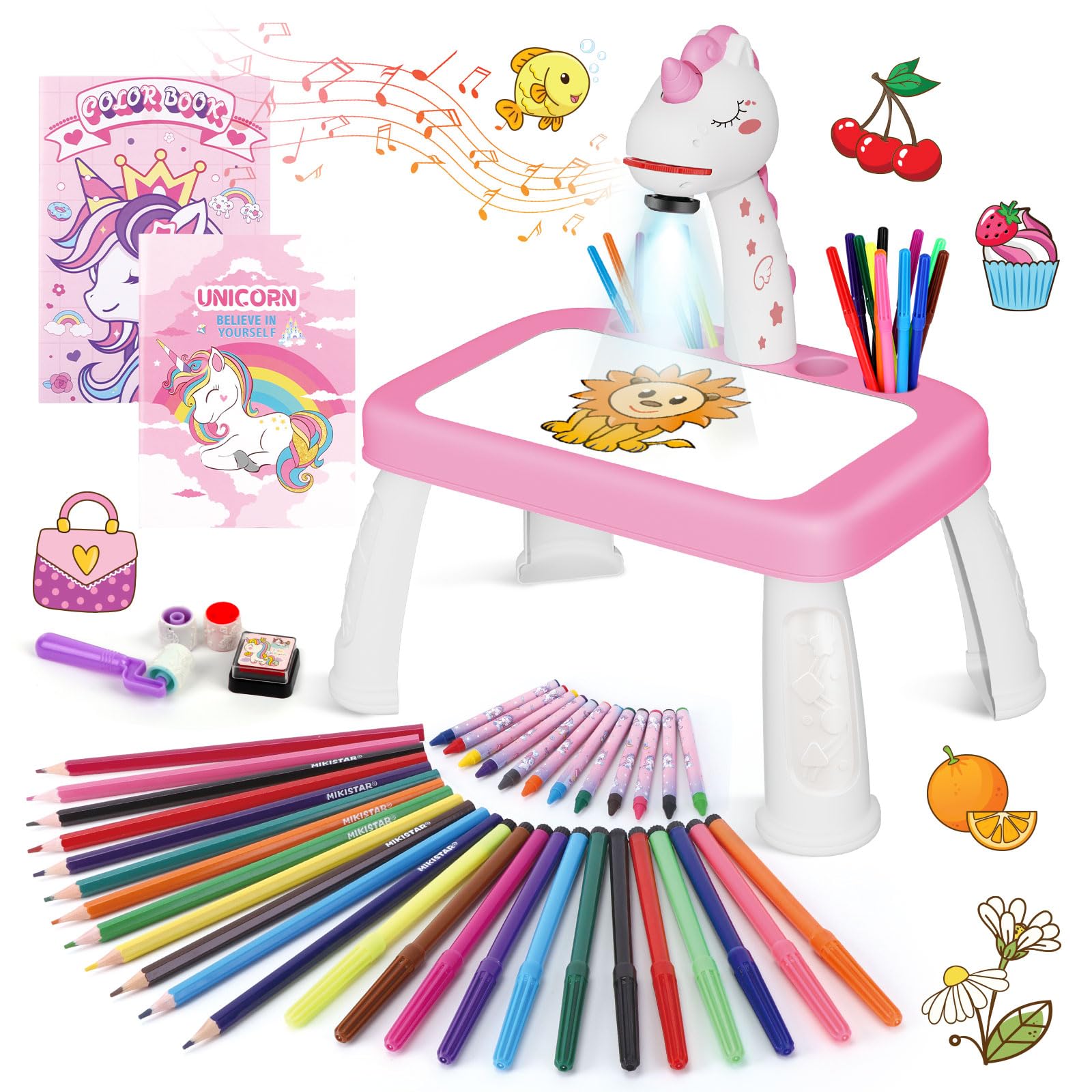 Konijiwa Unicorns for Girls Projector Drawings for Children with 72 Motifs Gift Girl 3 4 5 6 Years Toys Children Toys Games with Coloured Pencils, Scrapbooking, Sticker Book, Stickers, Stamp