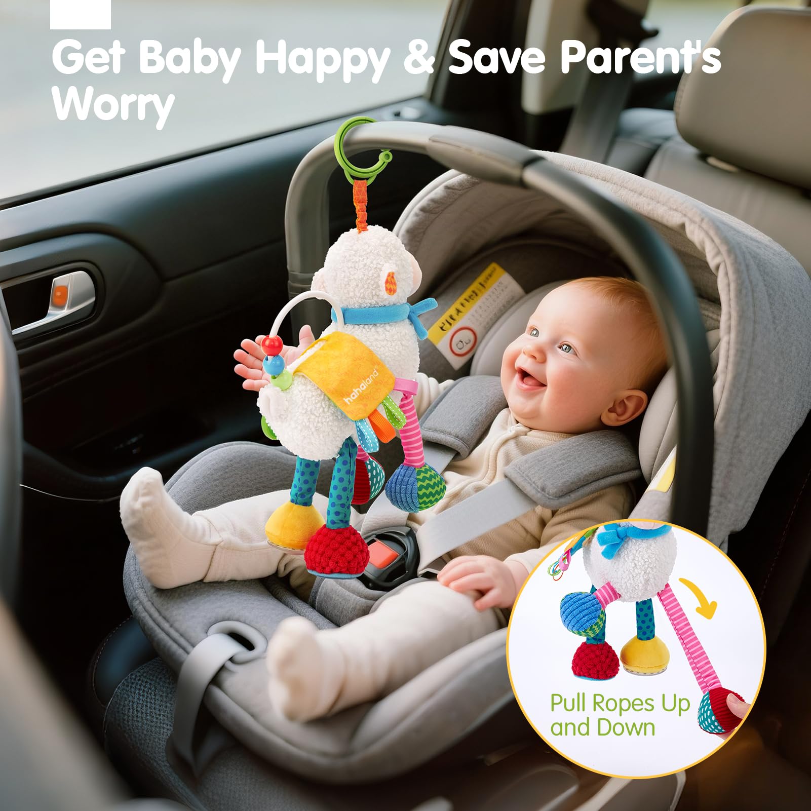 Juguetes para bebés de 0 a 6 meses, juguetes sensoriales para bebés de 0 a 3 a 6 meses, juguete para colgar en el asiento del automóvil, animales musicales con cuerda de tracción, sonajero 5