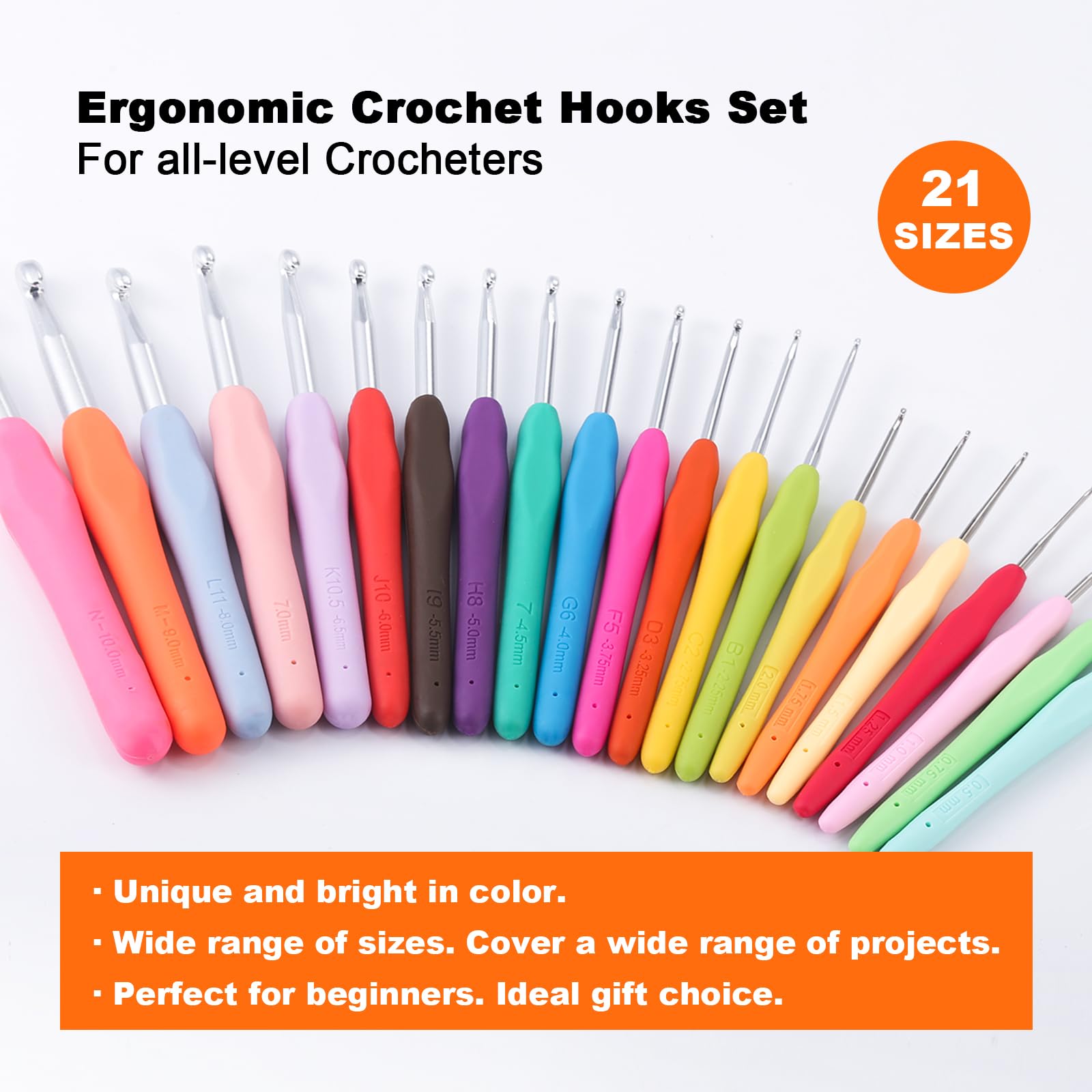 YOJOB Juego de ganchos de ganchillo de 21 tamaños de 0,5 mm a 10 mm, además de accesorios de ganchillo y soporte, juego completo de ganchos ergonómicos para principiantes